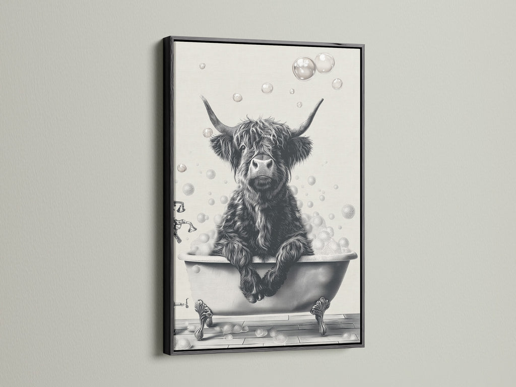 A highland cow takes a bath in this funny bathroom wall art. The black and white cow print is showcased in a sleek black frame. This farm animal decor adds a touch of humor to any space. This restroom art is a great conversation starter. Add some charm to your bathroom.