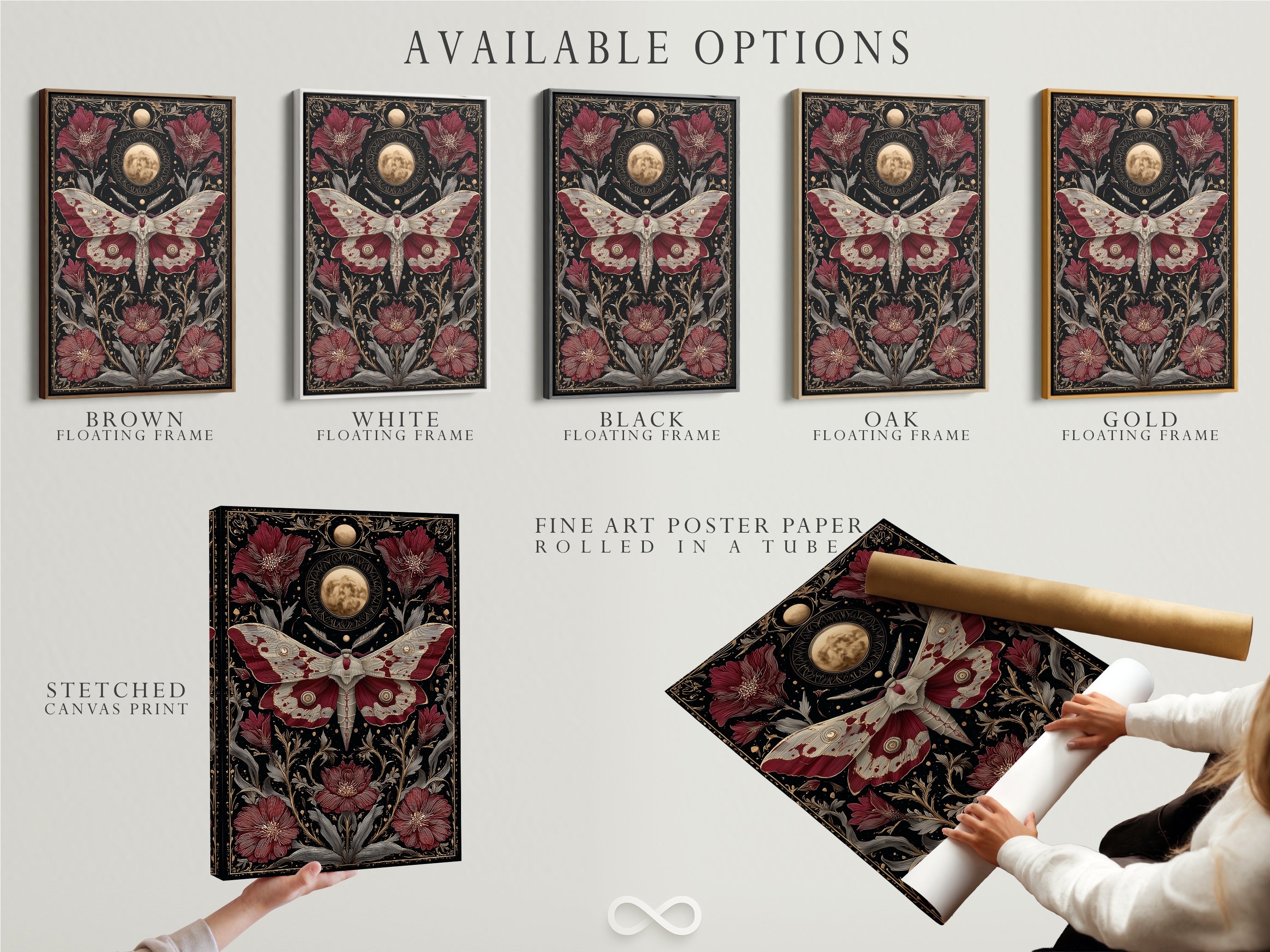 Available options are displayed. Choose from a stretched canvas print fine art poster paper or a floating frame. The celestial moth art gothic botanical moon phases artwork will elevate your decor.