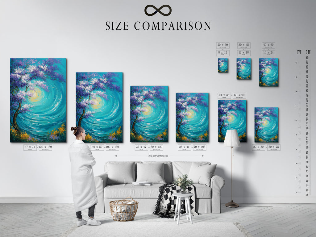 Size comparison chart displayed in an interior setting. This helps customers visualize the artwork in different sizes. The chart shows how various sizes will fit in a room. Choose the perfect size for your space to enhance your home decor.
