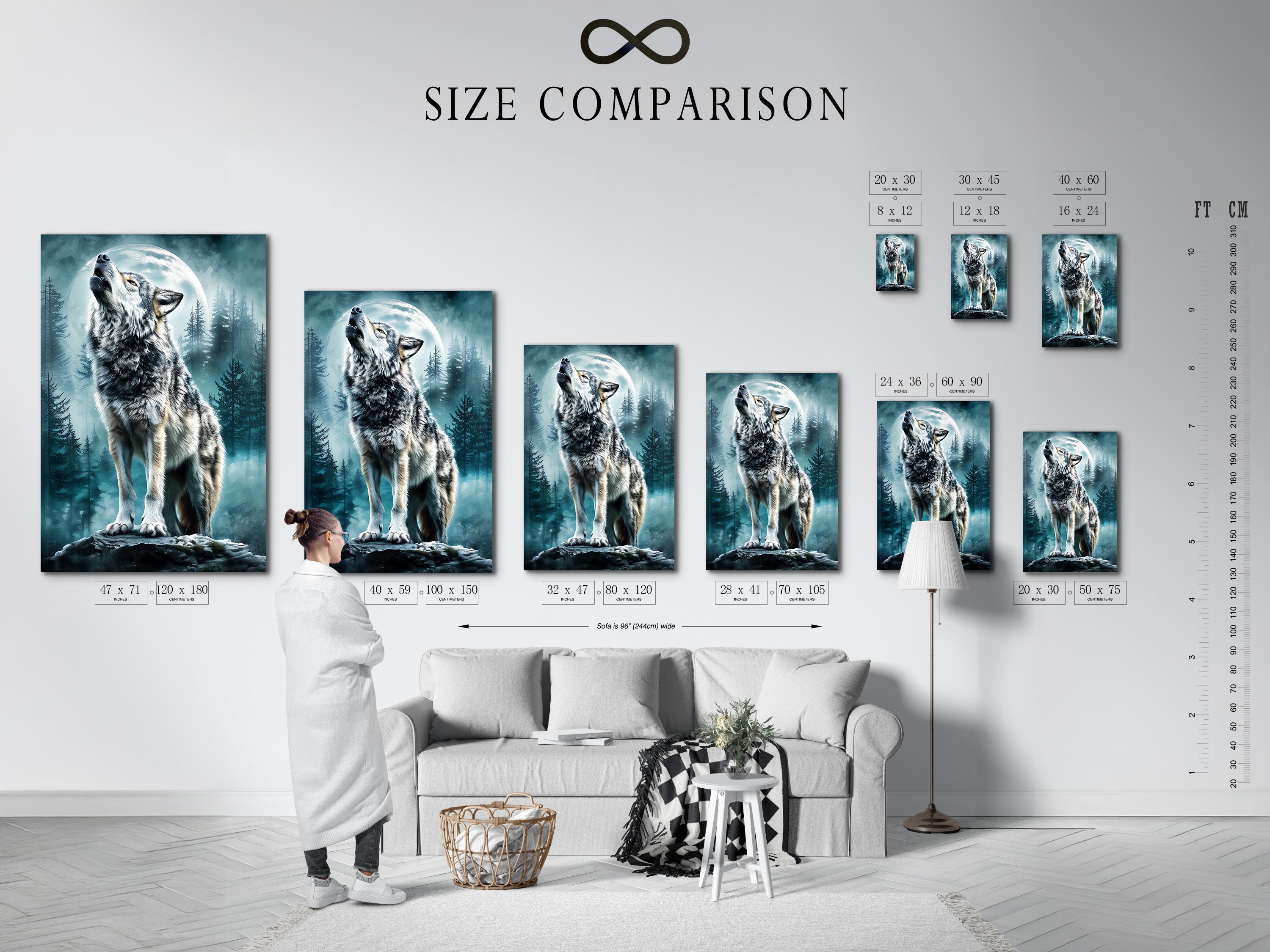 A size comparison chart is displayed in an interior setting. See how different art sizes fit in your space. Visualize artwork dimensions before you buy. Find the perfect size for your room. Make confident art choices today.