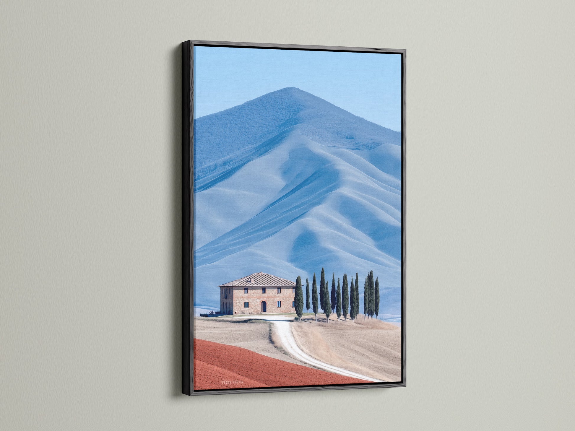 Tuscany landscape canvas in a black frame. This Italian countryside art complements modern spaces. The farmhouse scenery print provides a rustic touch. It is perfect for creating a stylish gallery wall. Bring nature photography into your home decor.