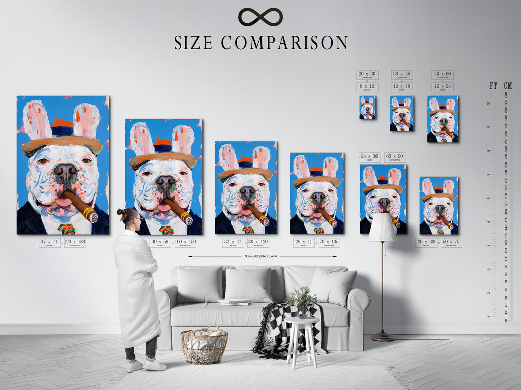 Size comparison chart displayed in an interior setting. See how a French Bulldog artwork a quirky pet portrait ideal for man cave decor looks in various sizes. Choose the perfect dimensions for your space.