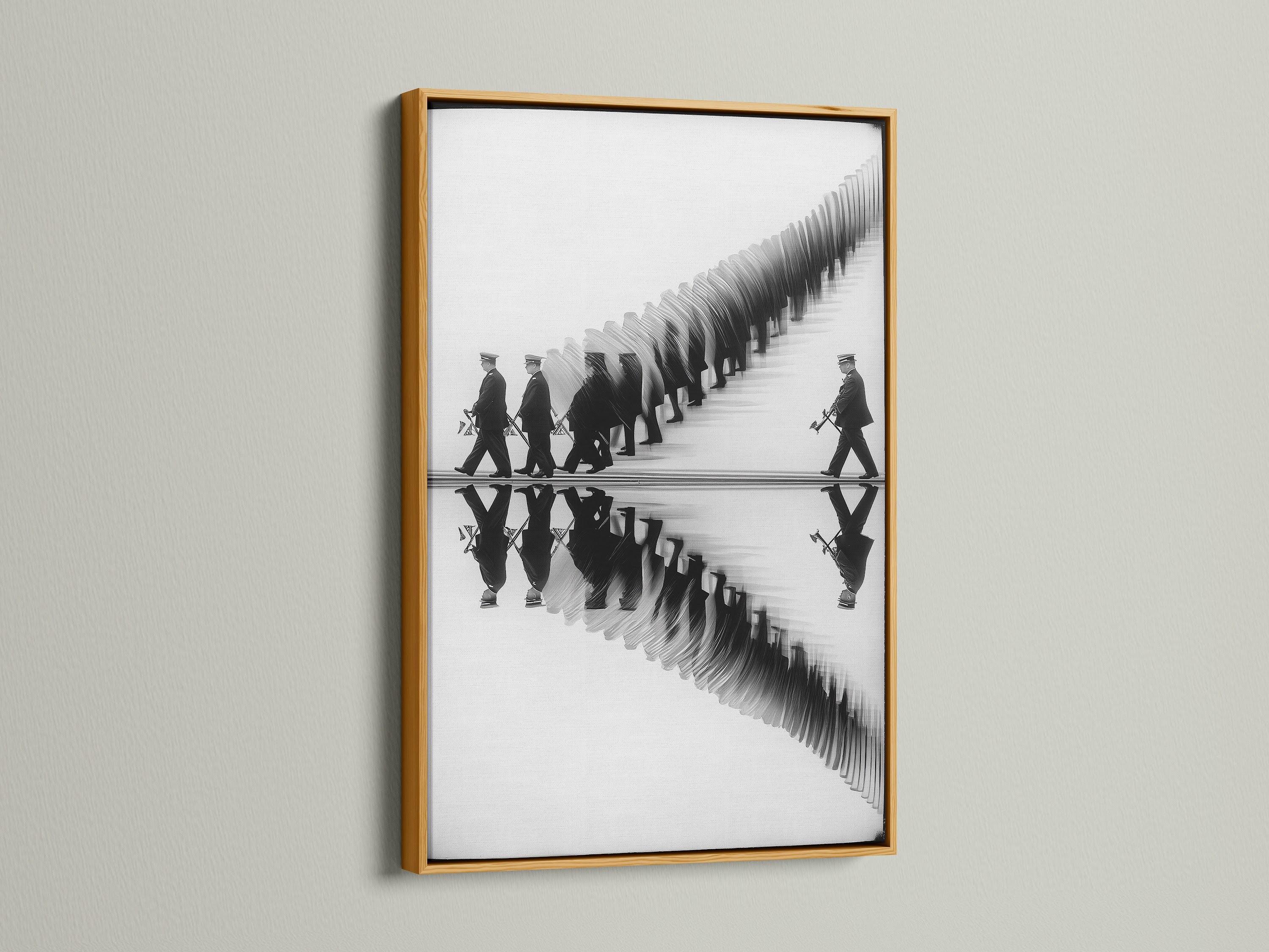 The marching band artwork is presented in a luxurious gold frame. The black and white reflection print adds a touch of elegance. Ideal for spaces needing refined wall art. Perfect for office wall art study decor and music rooms. A great musical gift for band enthusiasts.