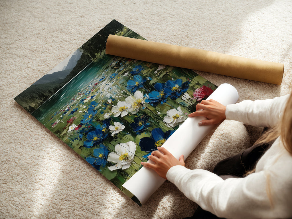 A woman is carefully rolling a fine art poster paper print. The fine art poster paper captures the detail. The paper ensures high-quality reproduction. Perfect for botanical and landscape artwork.
