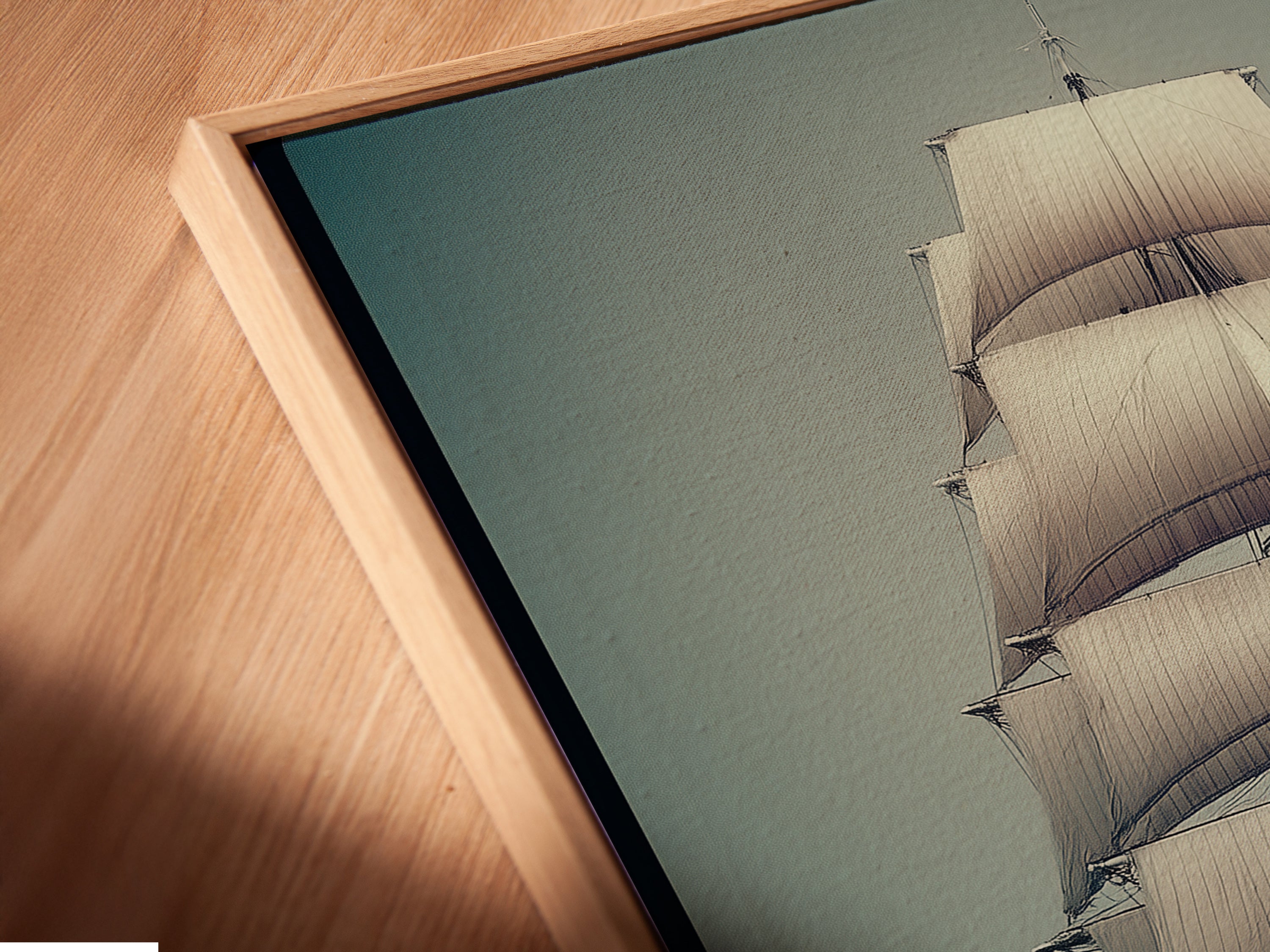 Close-up of a Sailing Ship canvas print in a floating frame. This maritime artwork highlights the beauty of the ocean vessel. Perfect coastal wall art to bring the sea into your home. A great gift for sea lovers.
