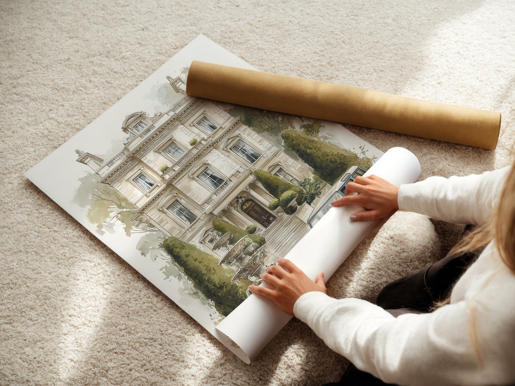 Vintage Anwesen mit Oldtimer - Aquarell Architektur Kunstdruck, Europäische Villa Wanddekoration, Traditioneller Wohndruck