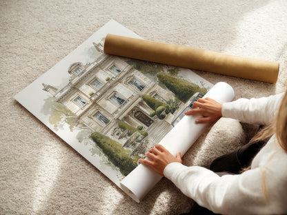Manoir d'époque avec voiture classique - Impression d'art d'architecture à l'aquarelle, Décoration murale de villa européenne, Impression pour maison traditionnelle