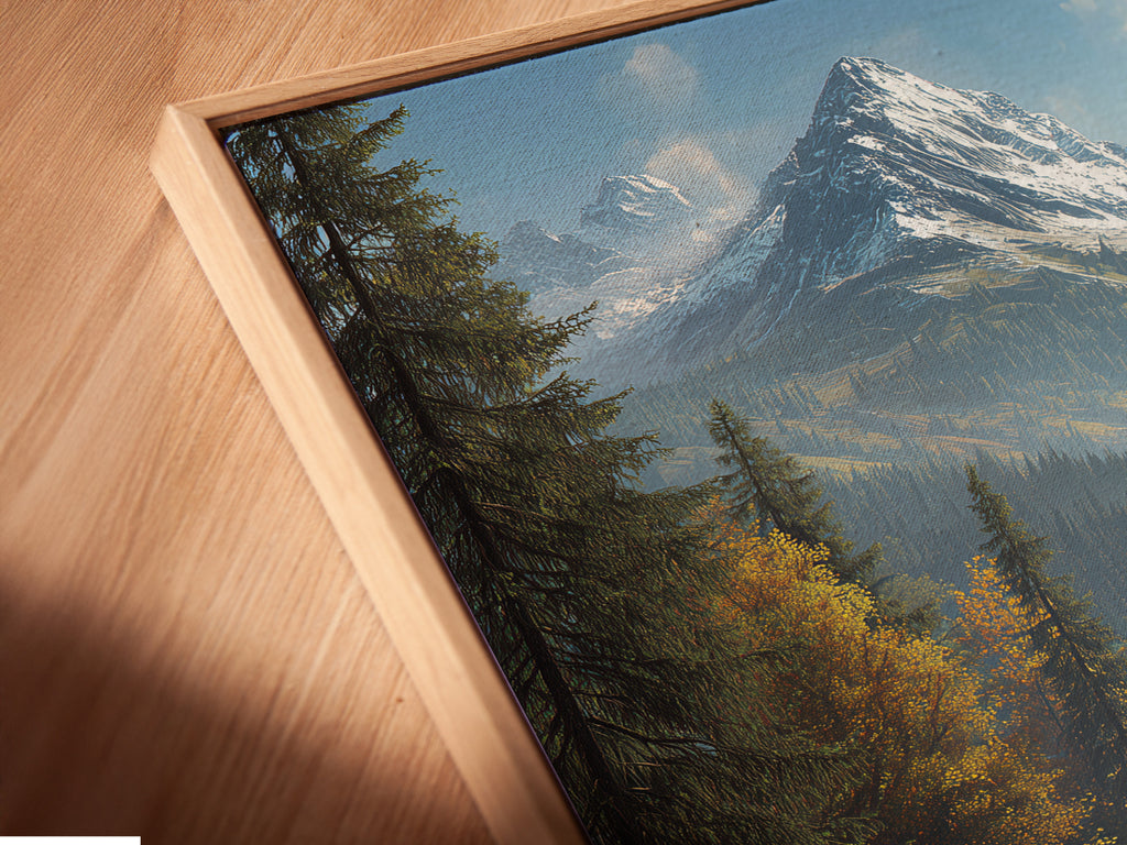 Close-up angled view of a canvas print in a floating frame. The mountain river art is beautifully displayed. The alpine landscape comes to life. The floating frame enhances the artwork's modern appeal. This is great for any room.