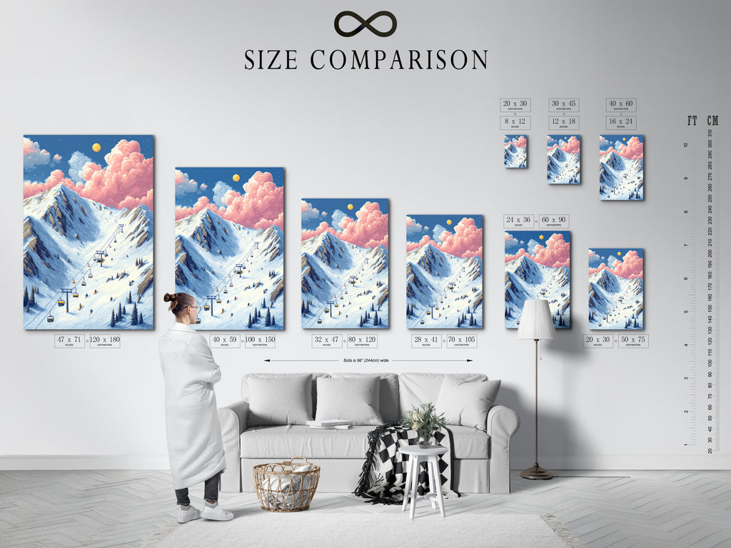 Size comparison chart in an interior setting. See how the mountain ski print fits in your space. Visualize the winter canvas art before you buy. Find the perfect ski slope poster size for your wall. Alpine wall art to enhance your home decor.
