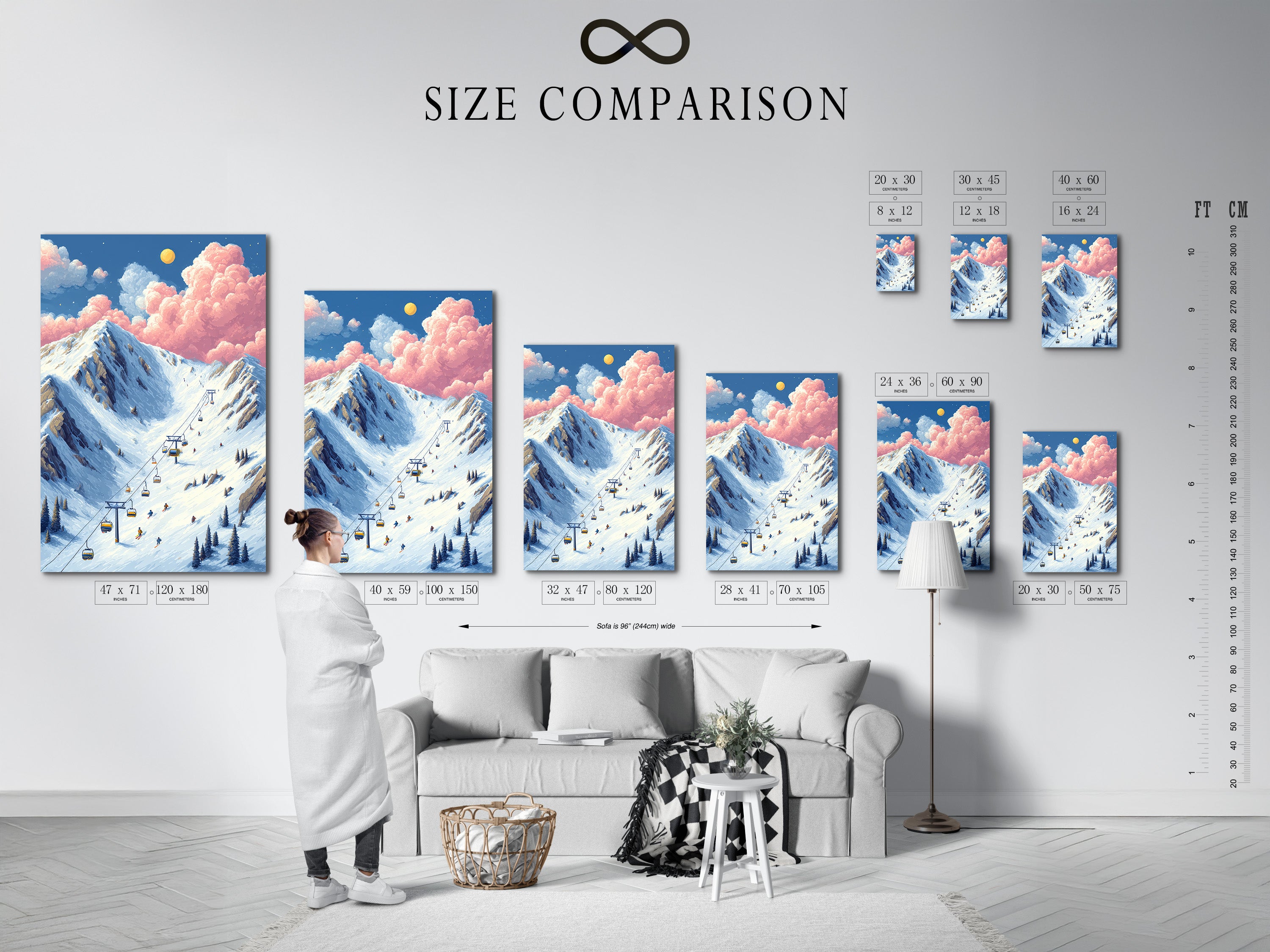 Size comparison chart in an interior setting. See how the mountain ski print fits in your space. Visualize the winter canvas art before you buy. Find the perfect ski slope poster size for your wall. Alpine wall art to enhance your home decor.