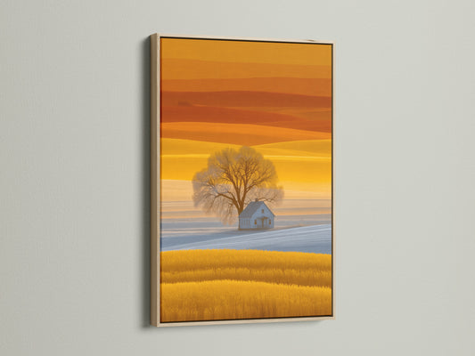 This is a farmhouse landscape canvas print showcasing golden field wall art. The artwork features a country house photography. It is framed with an oak frame. This nature print will complement your dining room decor. Add rustic art to your home.
