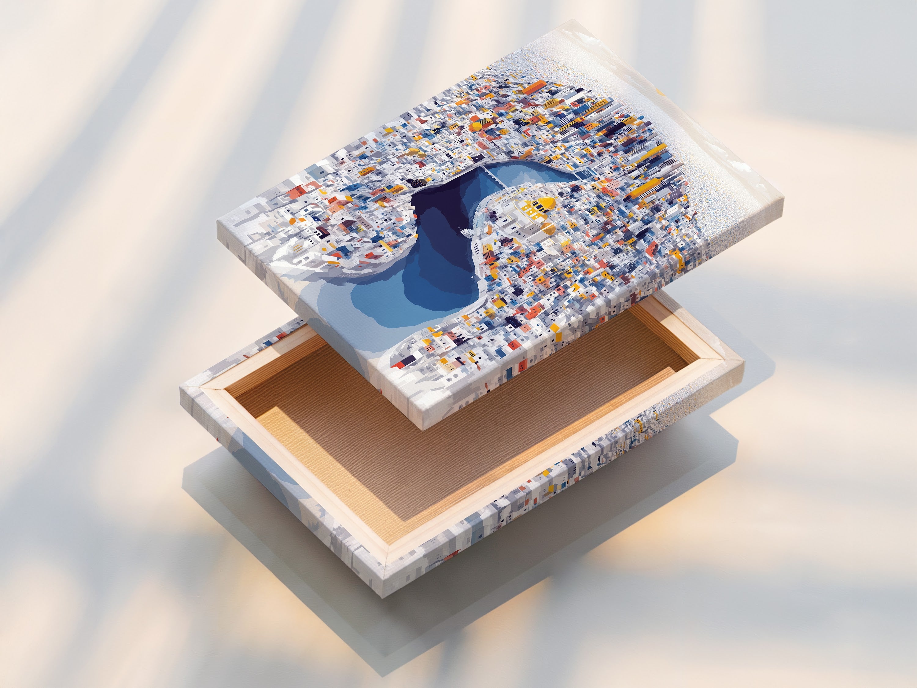 This is a stretched canvas print featuring a colorful cityscape artwork. The urban canvas offers a ready-to-hang modern architectural artwork. Perfect for adding a touch of urban flair to any room. The stretched canvas ensures a gallery-quality look. Elevate your office wall decor.