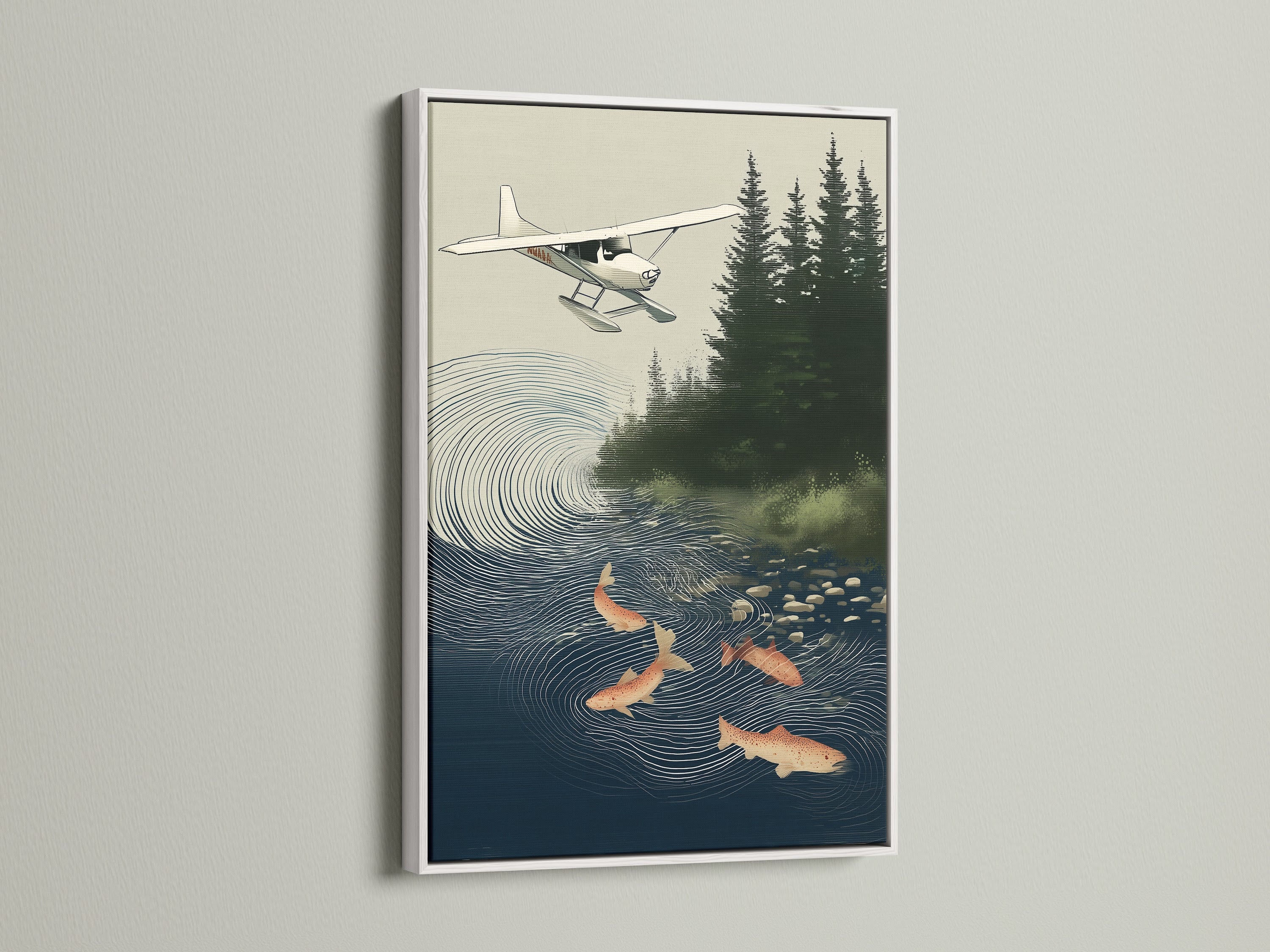 White frame displaying the Seaplane & Salmon artwork. The airplane artwork adds a classic touch to any room. This nature canvas art complements living room wall art. It is ideal for study decor. This rustic wall decor enhances any space.