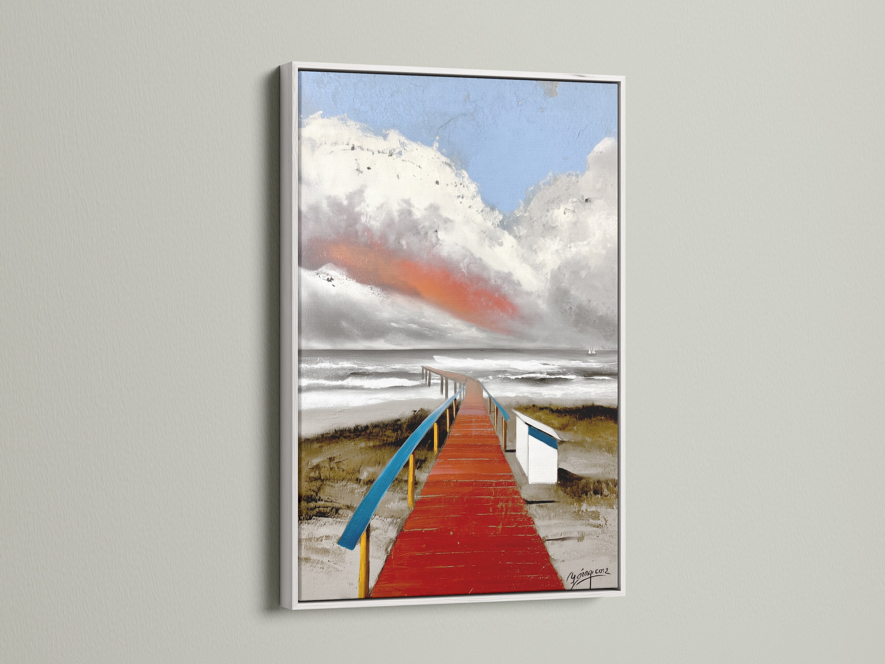 Beach Boardwalk Canvas Print is set in a white frame. This coastal wall artwork brings the tranquility of the seaside to your home. Ideal for minimalist or beach-themed decor. The vibrant colors and serene scene create a calming atmosphere.