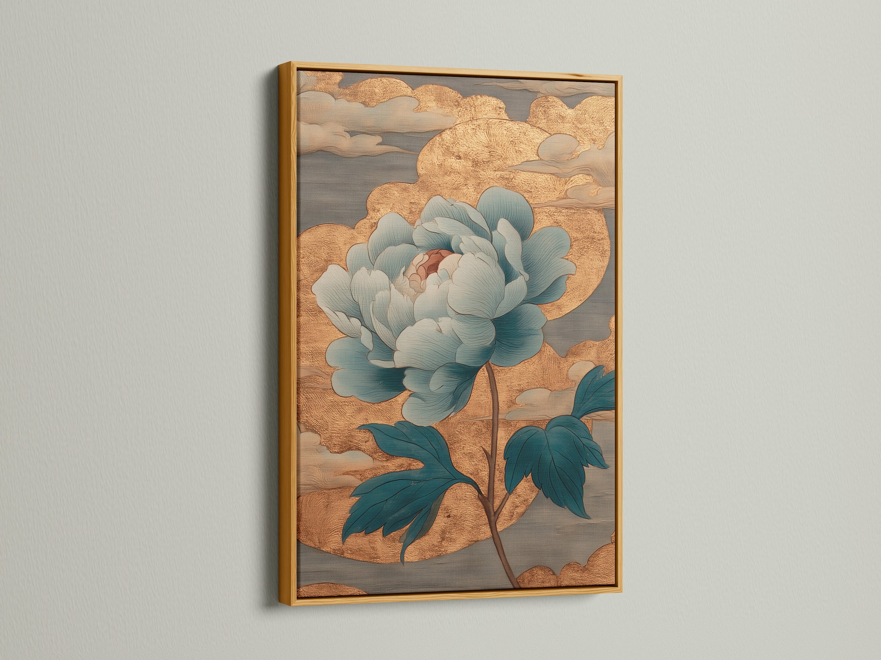 Gold Frame showcasing a floral Artwork. The golden frame adds a touch of luxury. This frame enhances the artwork's richness. Perfect for adding elegance to your walls. The gold frame complements the artwork.