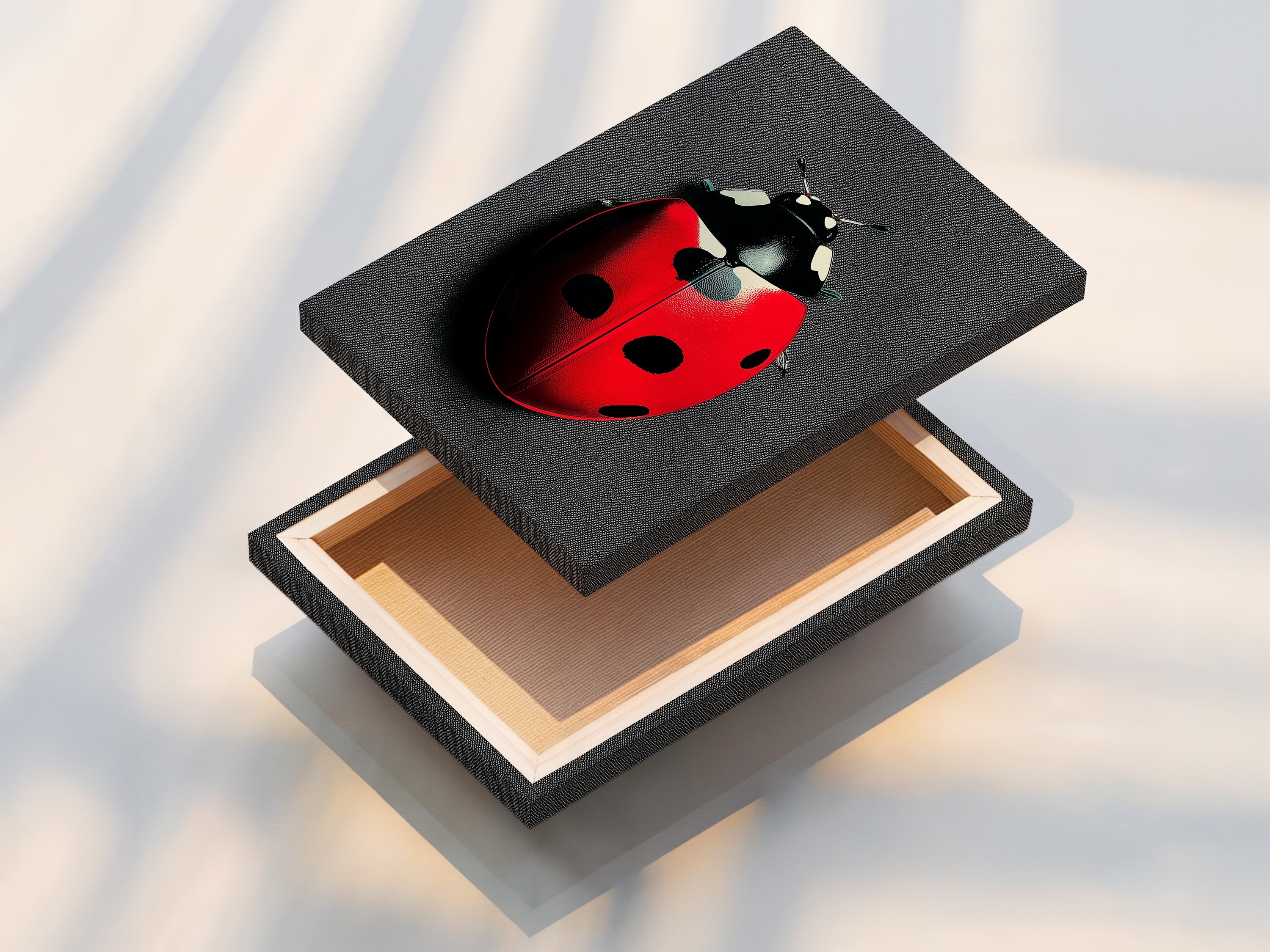 Close-up of a stretched canvas print of a ladybug. This shows the texture and detail of the red beetle canvas. Perfect for insect wall art and entomology decor. Add a touch of nature with this bug artwork. Ideal for study rooms offices or living rooms. Explore modern insect art today.