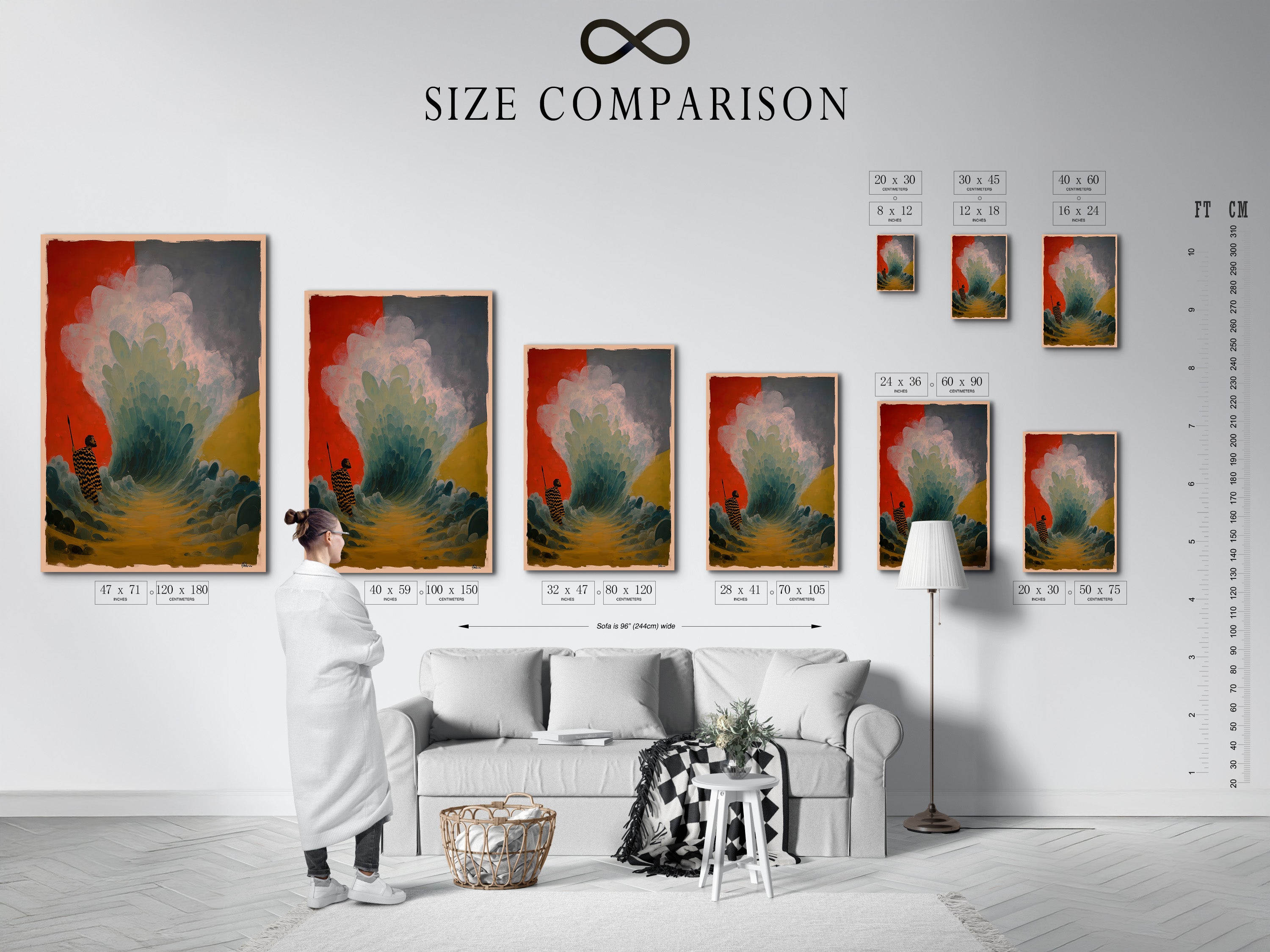 A size comparison chart is displayed in an interior setting. The chart showcases various artwork sizes. Choose the perfect size for your space. Visualize your art before you buy. Find the ideal fit for your decor. Transform your walls with confidence.