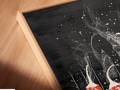 An angled close up of a chili pepper canvas print in a floating frame. The frame enhances the artwork's modern aesthetic. This culinary art is perfect for kitchens and dining rooms. Ideal for those seeking elevated Kitchen Wall Art.