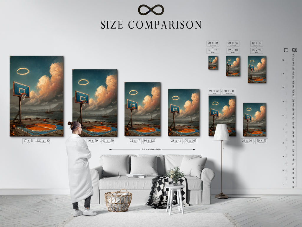 A size comparison chart is displayed in an interior setting. It shows how coastal basketball art fits in various spaces. Perfect for visualizing your wall decor. Choose the ideal size for your man cave. See how this artwork enhances any room. Plan your space with this helpful chart.