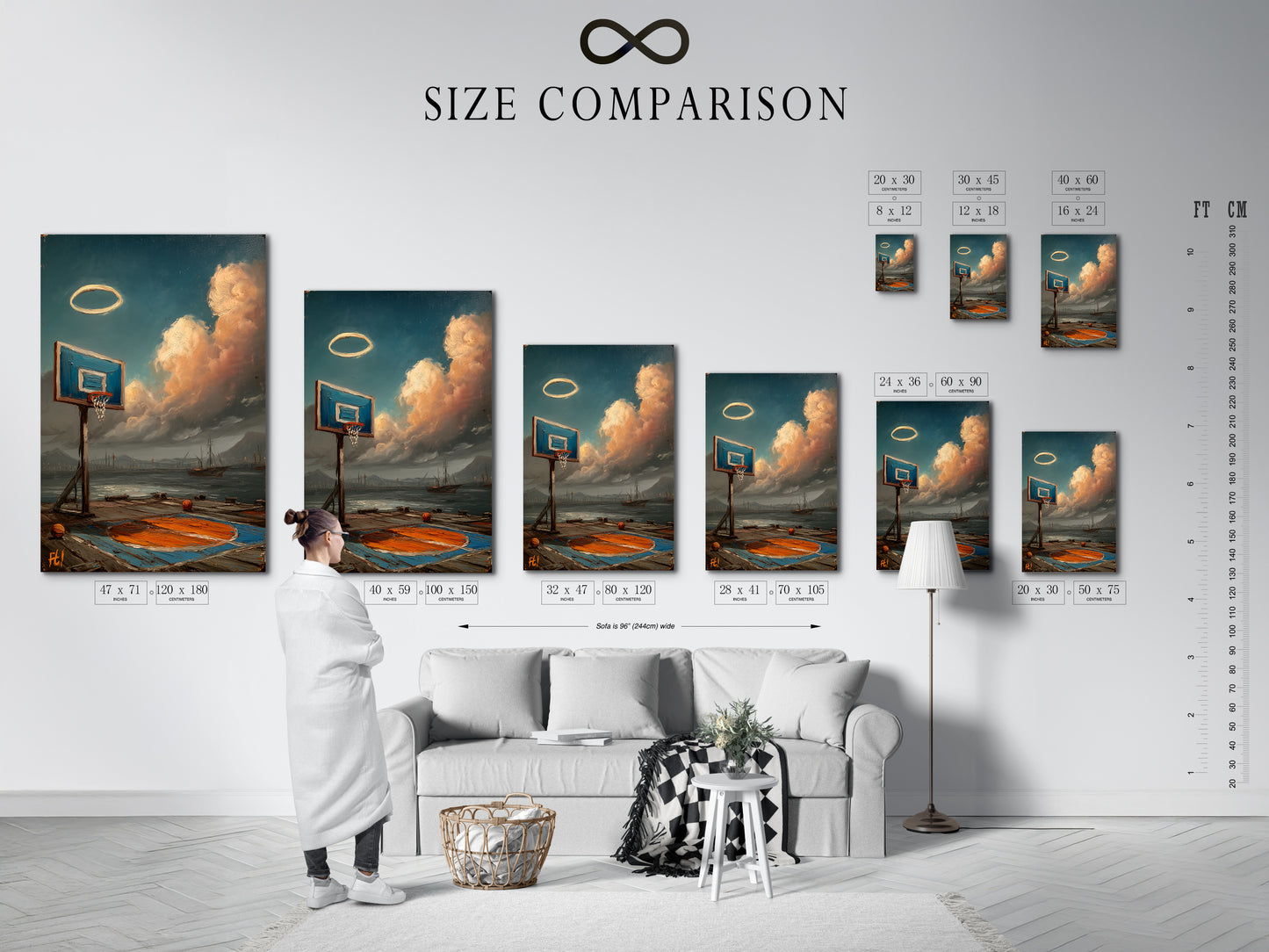 A size comparison chart is displayed in an interior setting. It shows how coastal basketball art fits in various spaces. Perfect for visualizing your wall decor. Choose the ideal size for your man cave. See how this artwork enhances any room. Plan your space with this helpful chart.