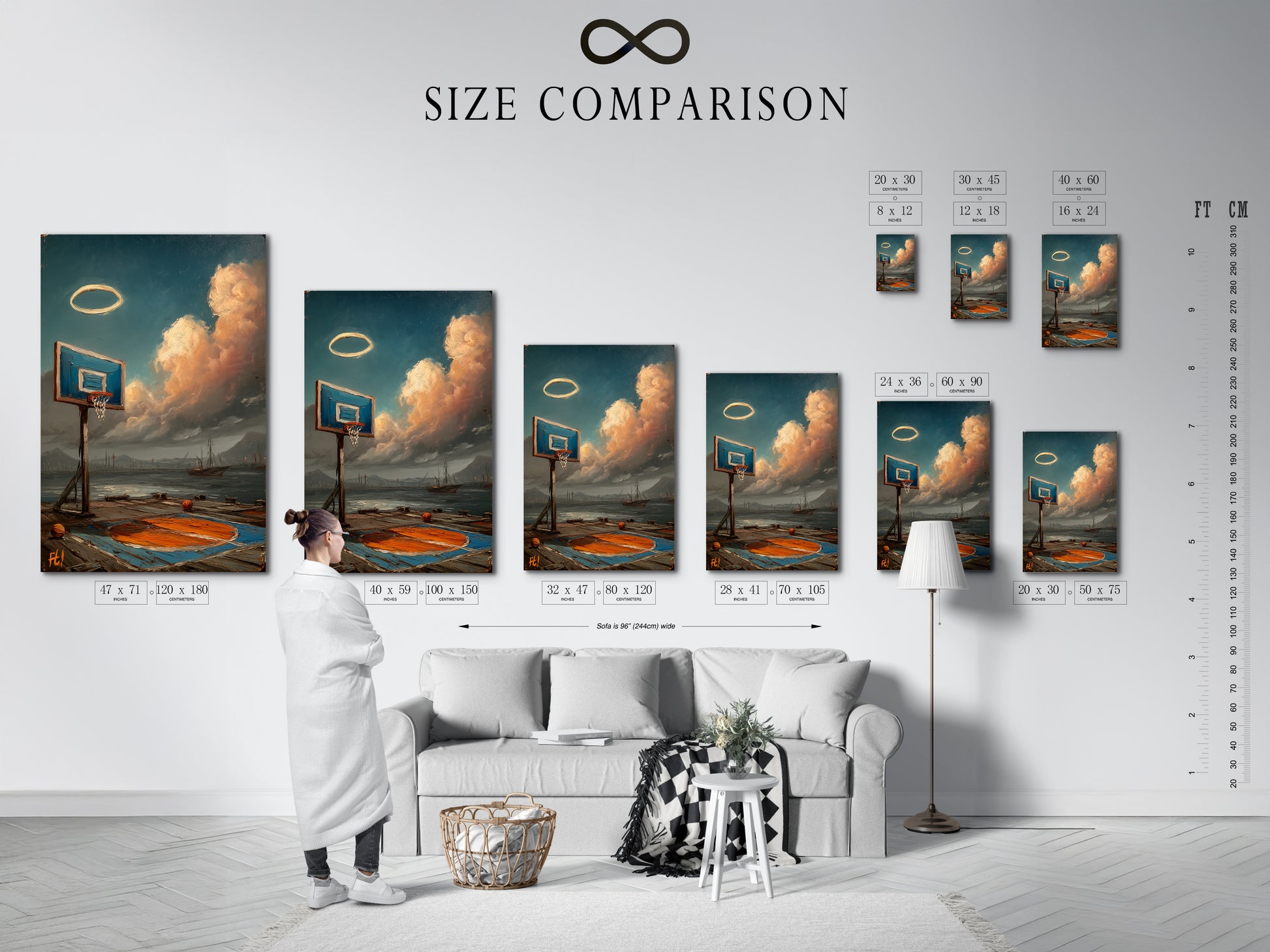 A size comparison chart is displayed in an interior setting. It shows how coastal basketball art fits in various spaces. Perfect for visualizing your wall decor. Choose the ideal size for your man cave. See how this artwork enhances any room. Plan your space with this helpful chart.