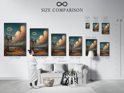 A size comparison chart is displayed in an interior setting. It shows how coastal basketball art fits in various spaces. Perfect for visualizing your wall decor. Choose the ideal size for your man cave. See how this artwork enhances any room. Plan your space with this helpful chart.
