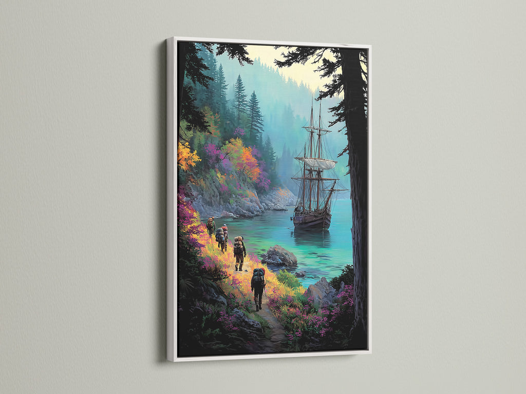 View this sailing ship artwork in a white frame. The hiking print complements any decor. Emerald green art creates a serene atmosphere. Great for bedroom wall art. Nautical wall art at its best.