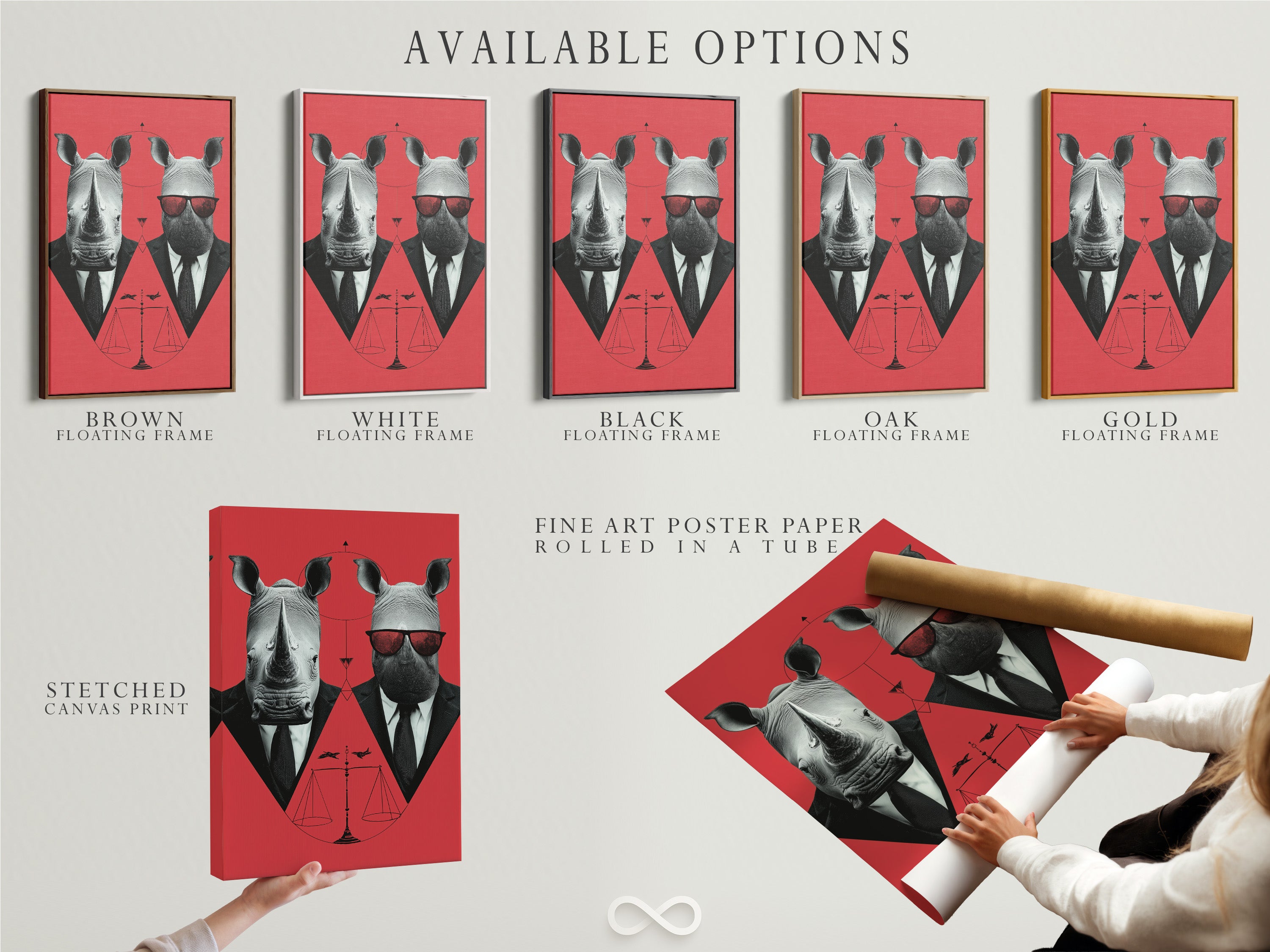 Available options for the Rhino Business Suit artwork. Choose from a stretched canvas print a fine art poster paper or a floating frame. Customize your piece to fit your unique style. Perfect for modern home decor.