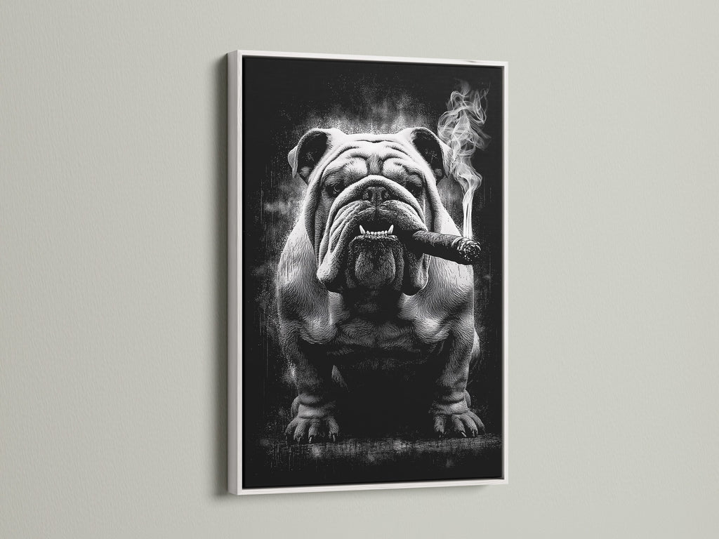 Bulldog smoking canvas artwork in a white frame. This retro pet portrait is perfect for dog lovers. The black and white art adds a touch of industrial utility style. Enhance your wall decor with this distinctive bulldog artwork.