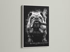 Bulldog smoking canvas artwork in a white frame. This retro pet portrait is perfect for dog lovers. The black and white art adds a touch of industrial utility style. Enhance your wall decor with this distinctive bulldog artwork.