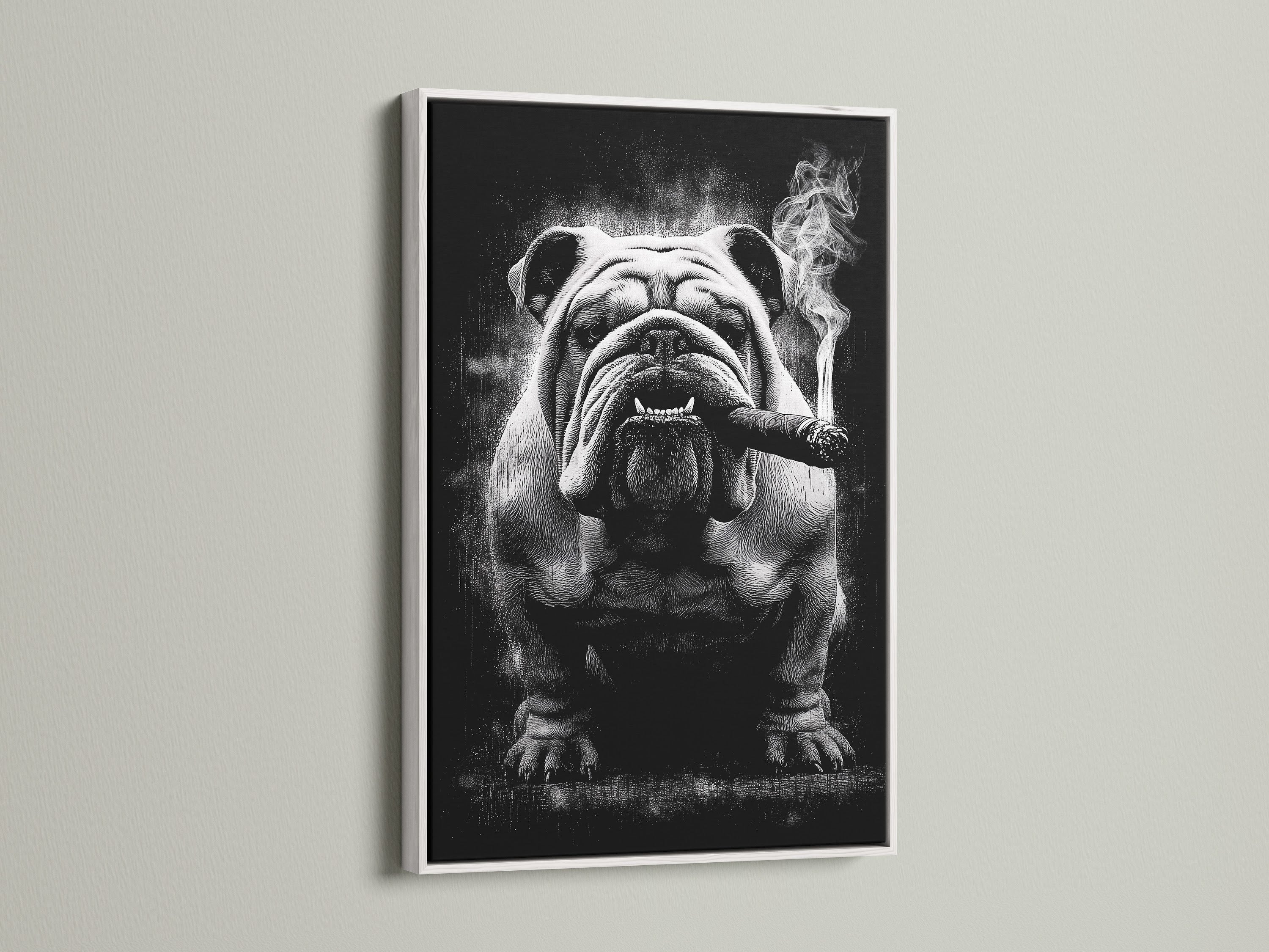 Bulldog smoking canvas artwork in a white frame. This retro pet portrait is perfect for dog lovers. The black and white art adds a touch of industrial utility style. Enhance your wall decor with this distinctive bulldog artwork.