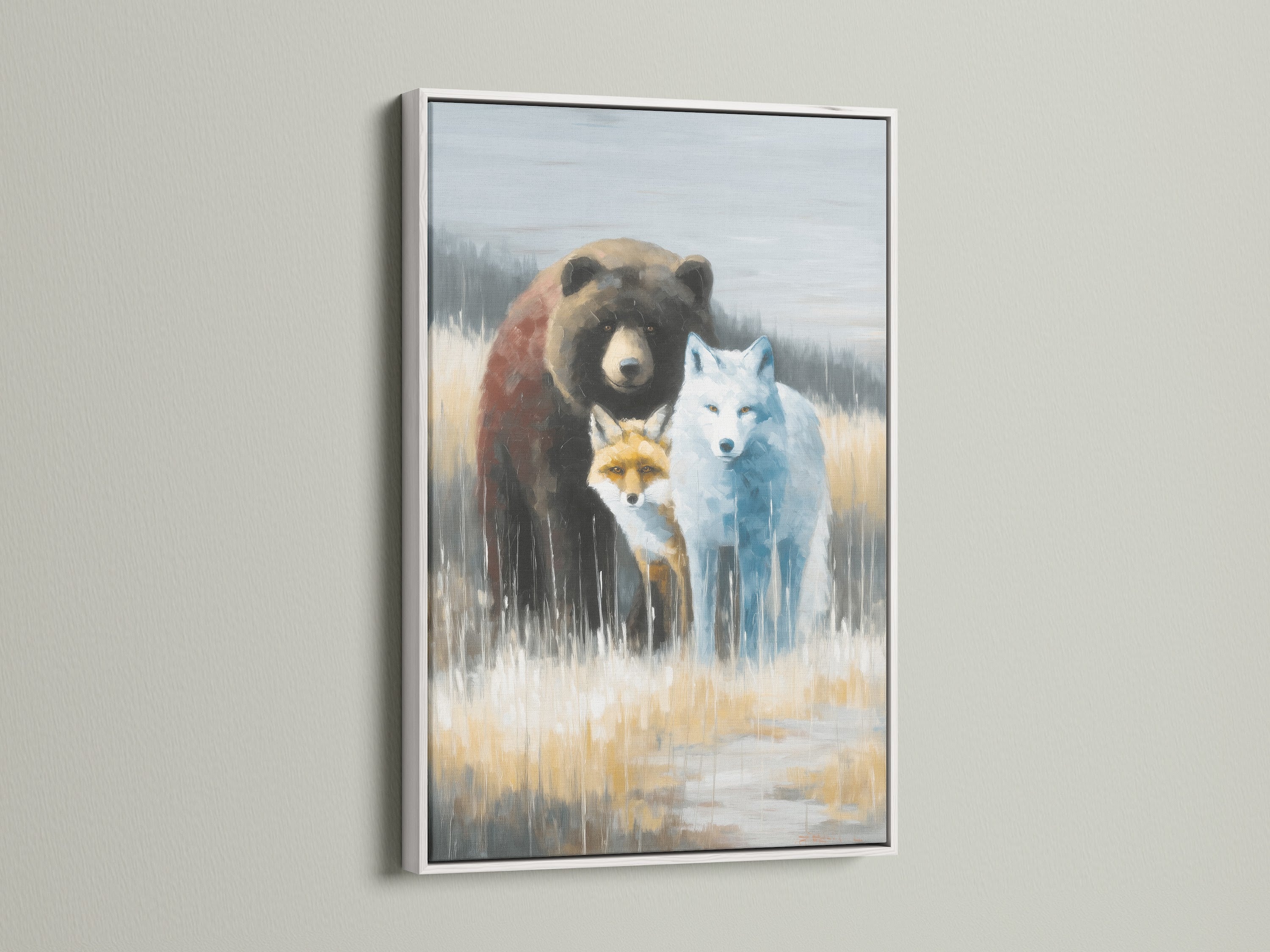 Wildlife Trio artwork in a white frame. This animal canvas features a bear fox and wolf. Neutral tones create a calming cabin decor. Enhance your space with unique animal-themed wall art. Ideal for living rooms and studies.