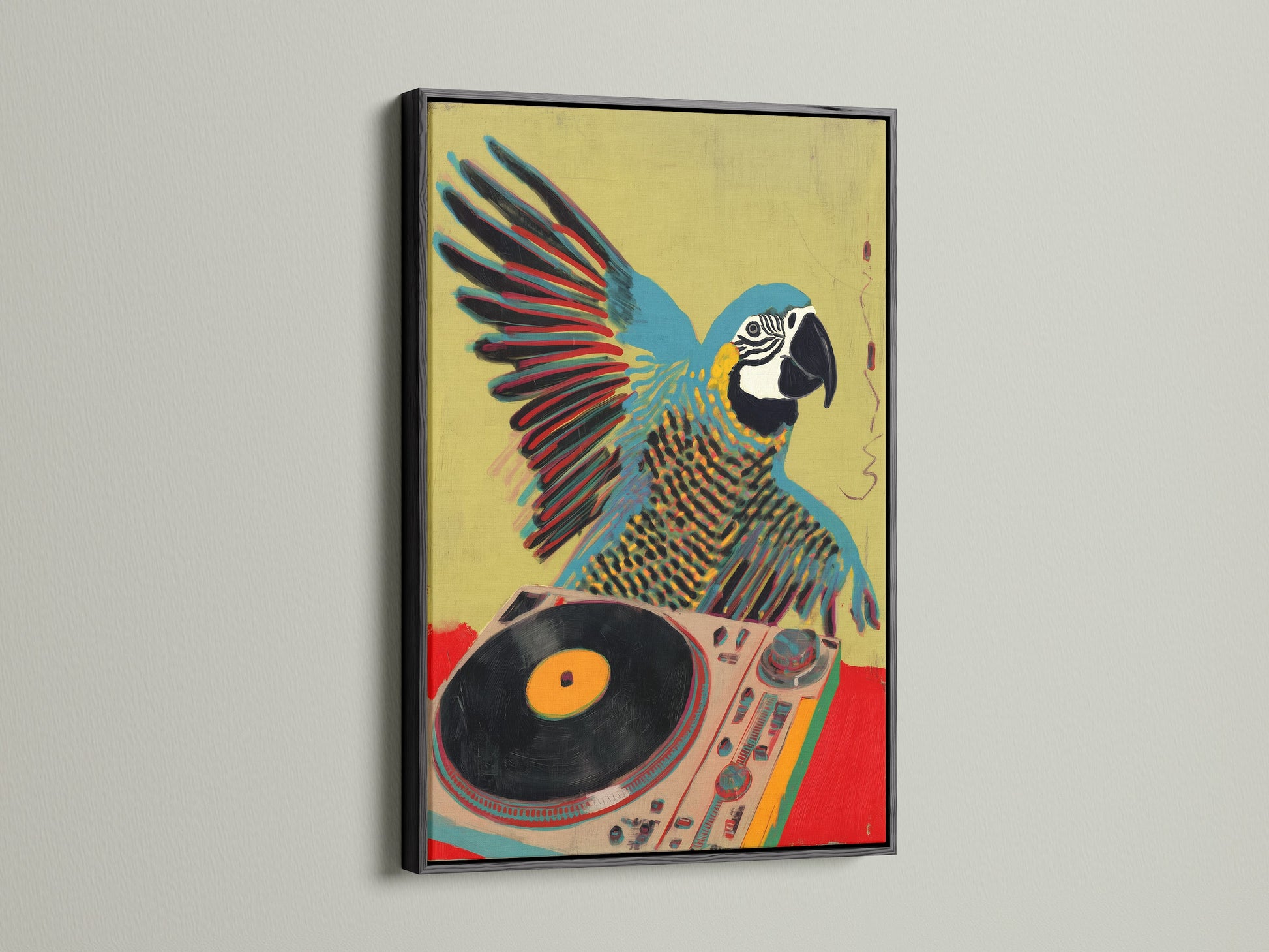 The parrot DJ artwork is displayed in a black frame. A black frame offers a bold contrast. This is great for eclectic or urban styles. The retro turntable art is striking with this frame. View the black frame now.
