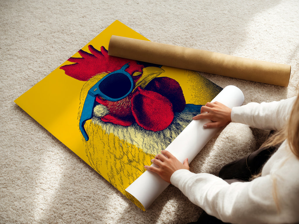 A woman is carefully rolling a fine art poster paper. This protects the print during shipping. High-quality fine art paper ensures vibrant colors. The paper is also durable. We take great care in packaging your art.