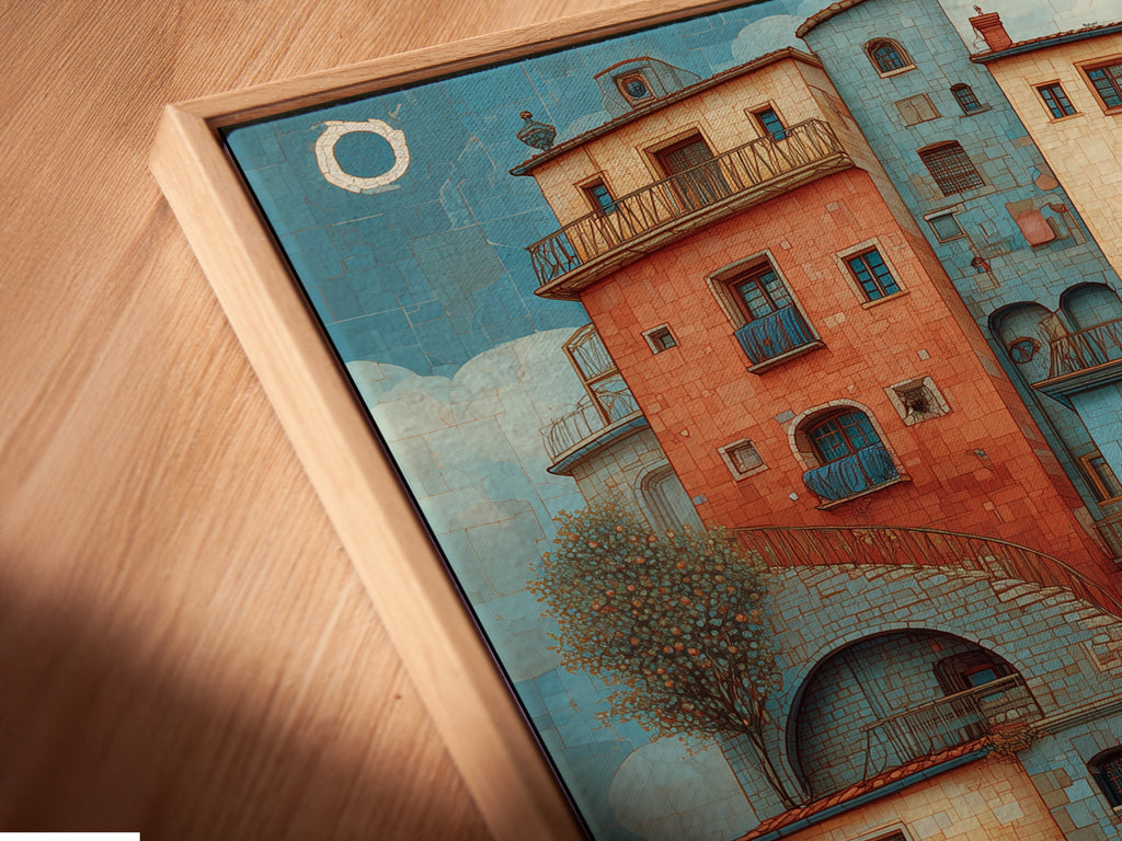 Angled close up of a canvas print in a floating frame. This artwork features a stack of buildings with bridges and stairs. The floating frame gives the artwork a modern and sophisticated look. The canvas print adds texture and depth to the piece. This unique artwork enhances any space.