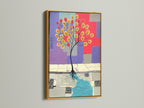 Abstract Tree artwork in a gold frame. The gold frame adds elegance to this modern piece. This colorful geometric art is ideal for adding a refined touch to any space. The artwork uses vibrant teal red and purple hues. This will enhance any interior.