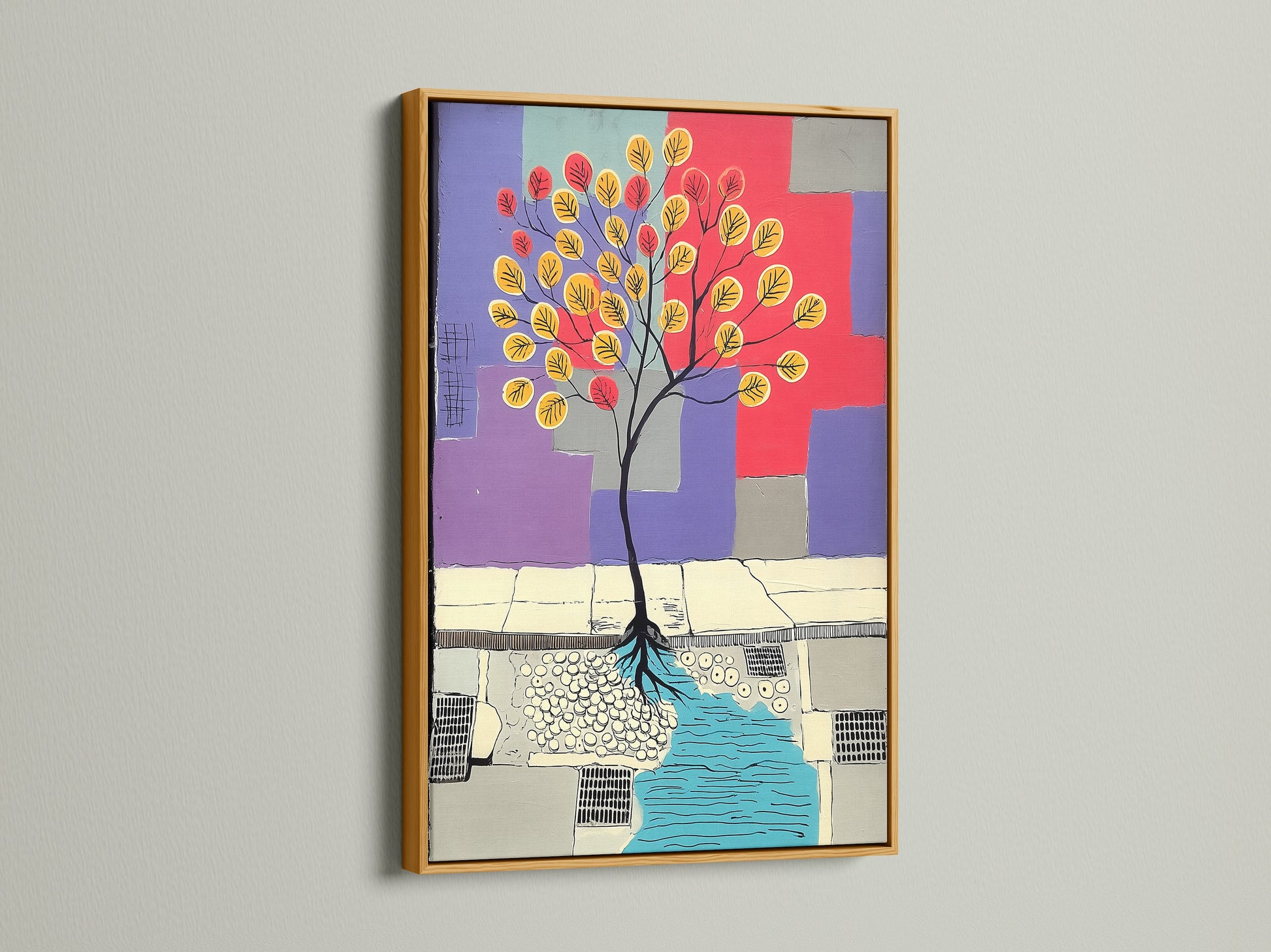 Abstract Tree artwork in a gold frame. The gold frame adds elegance to this modern piece. This colorful geometric art is ideal for adding a refined touch to any space. The artwork uses vibrant teal red and purple hues. This will enhance any interior.