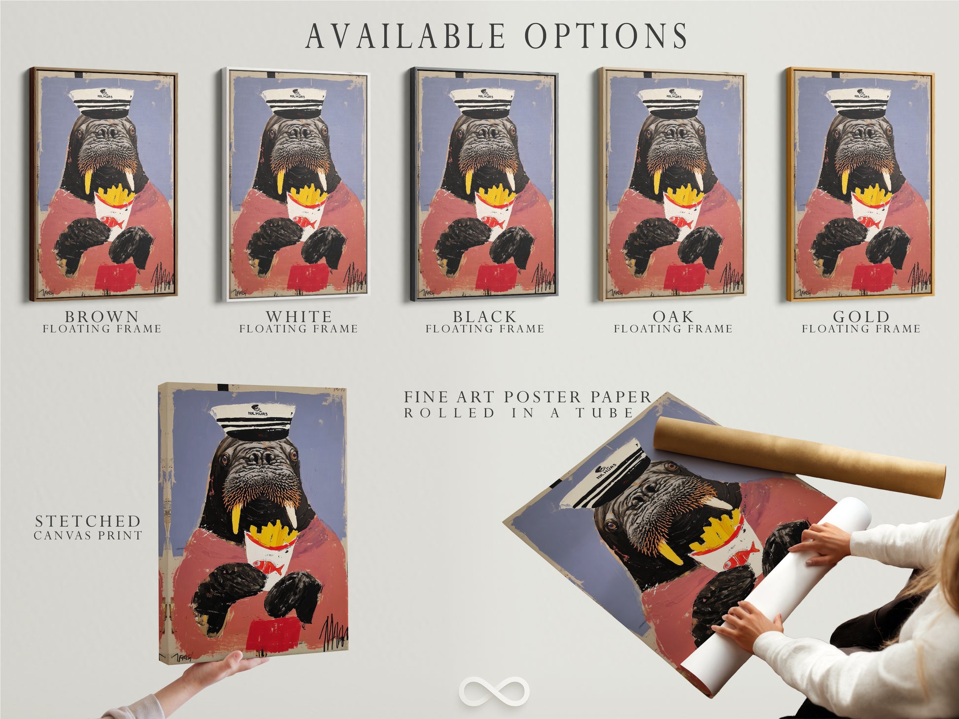 Explore available options for your walrus art print. Choose from a stretched canvas print or fine art poster paper. Consider a floating frame for a modern look. Find the perfect style for your animal captain artwork. Enhance your quirky wall art today.