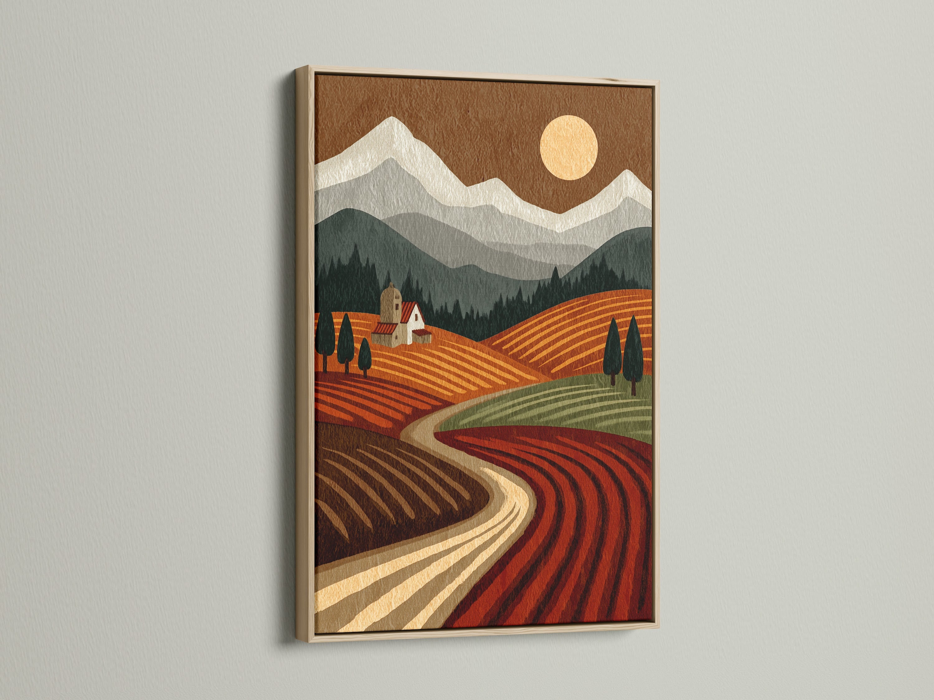 Tuscany Landscape artwork with a oak frame. The farm landscape art evokes a vintage feel. This countryside print will elevate your home office art. The rolling hills art is perfect for homeowners and renters.