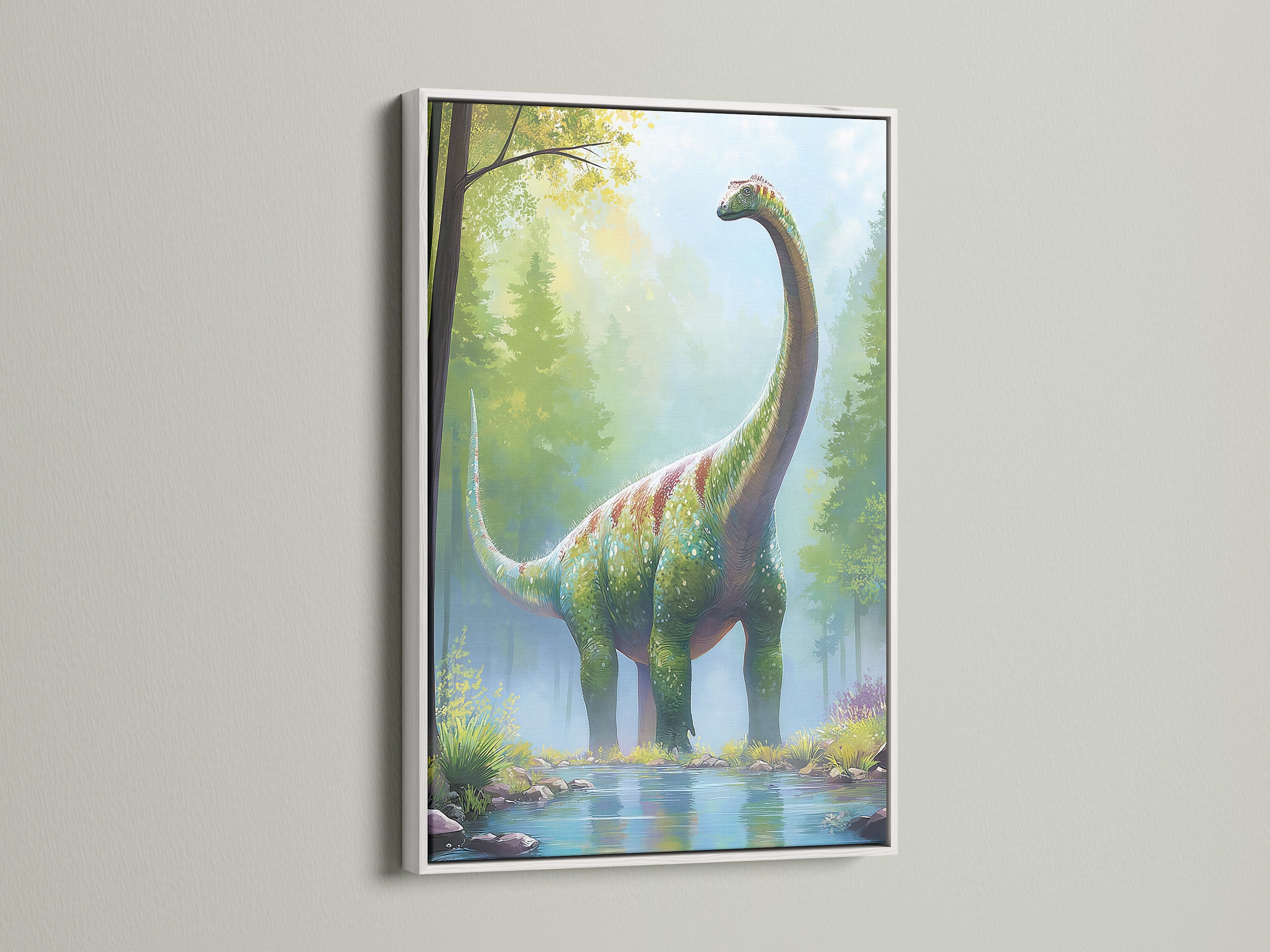 This art print of a dinosaur is presented in a white frame. A white frame offers a clean and modern look. It allows the artwork to stand out. Elevate your decor with a white-framed art piece now