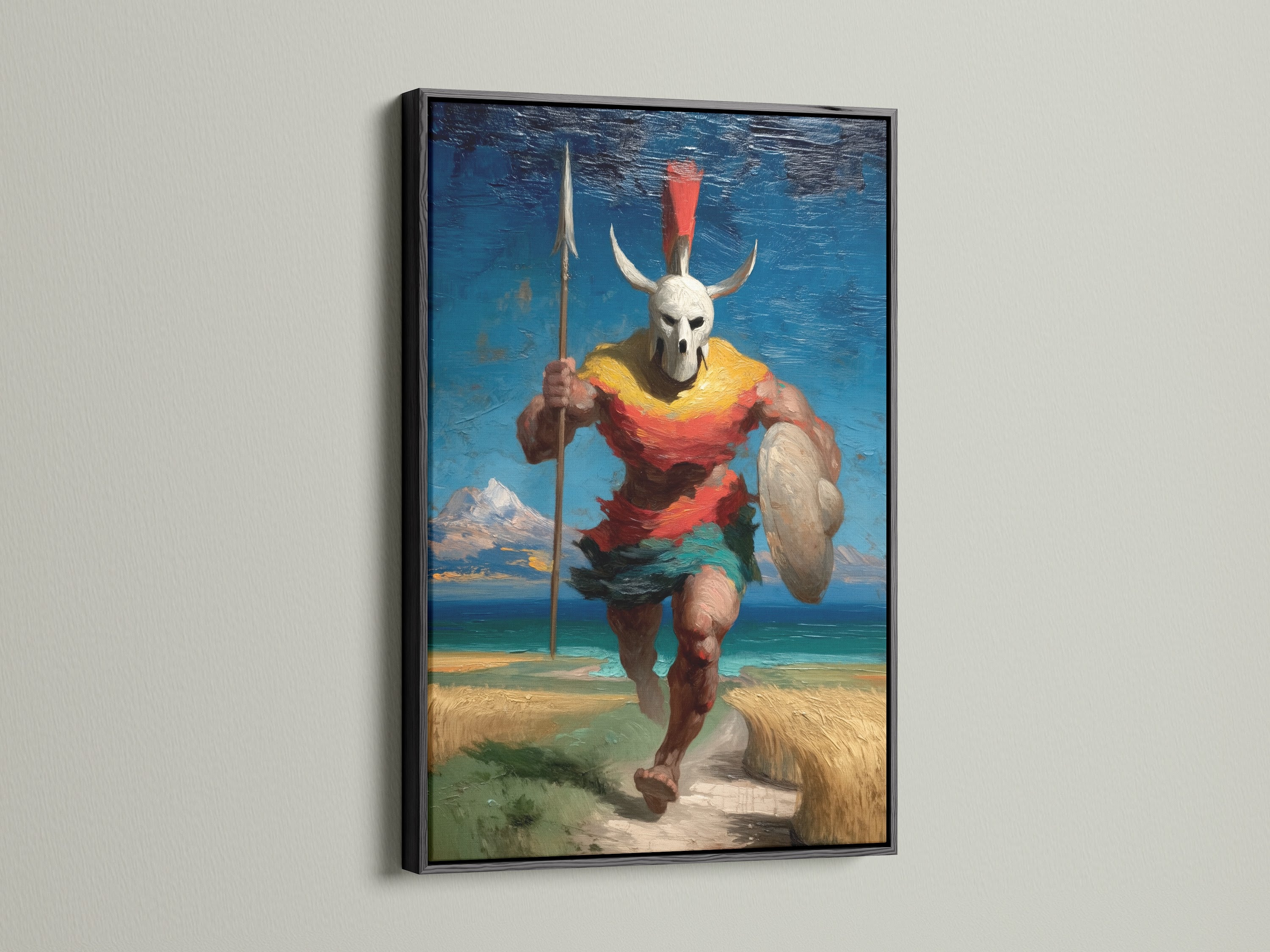 The tribal warrior fantasy artwork is in a black frame. This vintage art print shows an ancient soldier. Consider this mythology decor for your home or business. It has orange and blue tones.