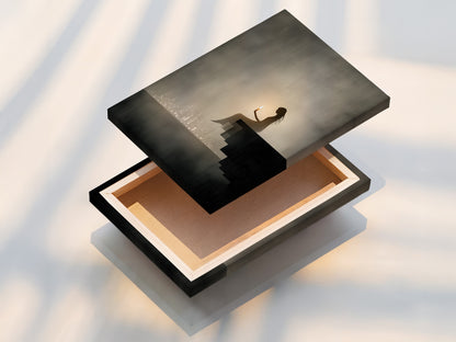 An elegant stretched canvas print displays the Silhouette art. This artwork adds a touch of minimalist decor. Perfect for creating a calming atmosphere in any room with gray wall art.