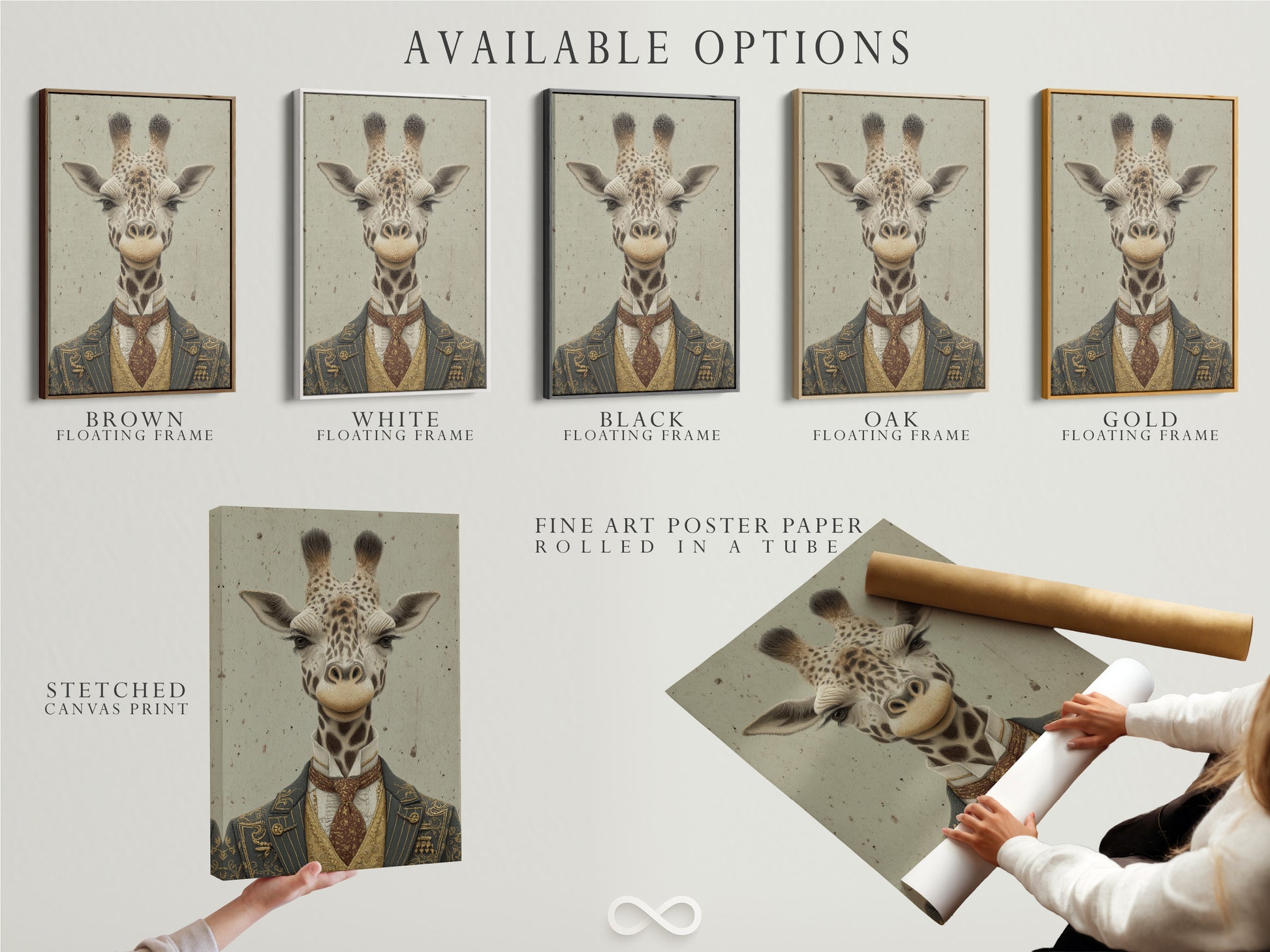 Available options include a stretched canvas print fine art poster paper and a floating frame. The artwork features a vintage gentleman giraffe. Select the perfect medium and framing to match your style. Explore the possibilities today.