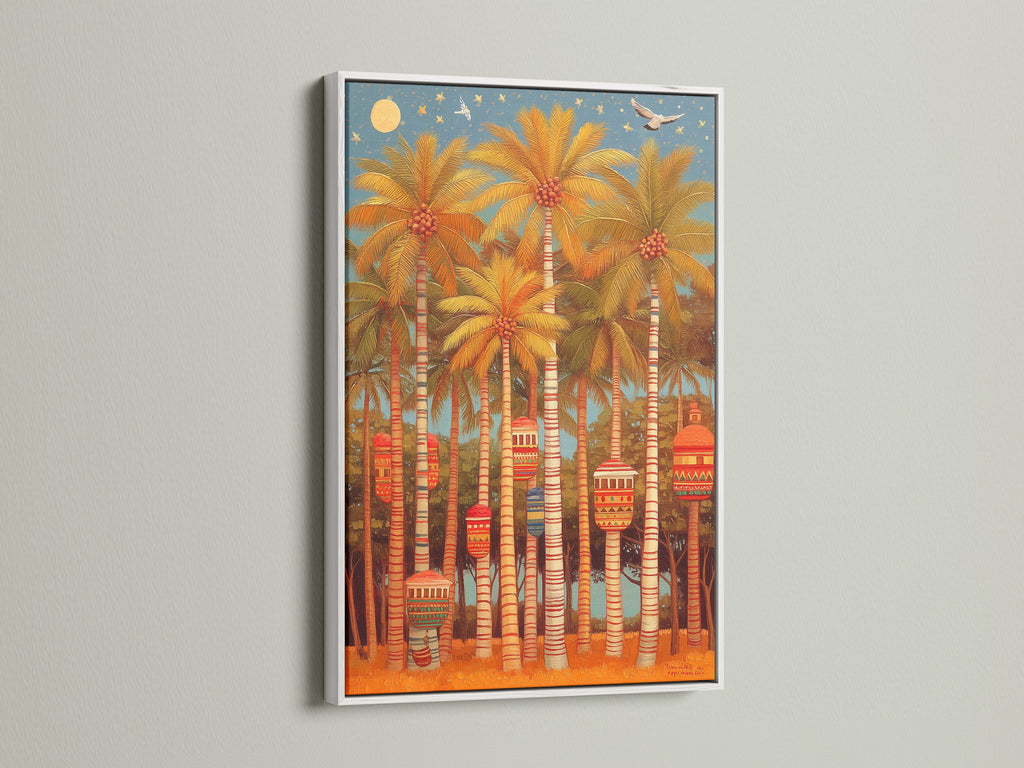 Palm Trees art in a white frame. A vintage style artwork that enhances any space. Coastal wall art brings the beach to your sunroom. Enjoy this tropical print today.