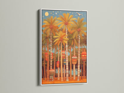 Palm Trees art in a white frame. A vintage style artwork that enhances any space. Coastal wall art brings the beach to your sunroom. Enjoy this tropical print today.