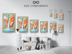 A size comparison chart is displayed in an interior setting. It shows various sizes of the desert waterfall artwork. Choose the perfect dimensions for your southwestern landscape print. Ideal boho wall decor for any room. Transform your bedroom or office space.