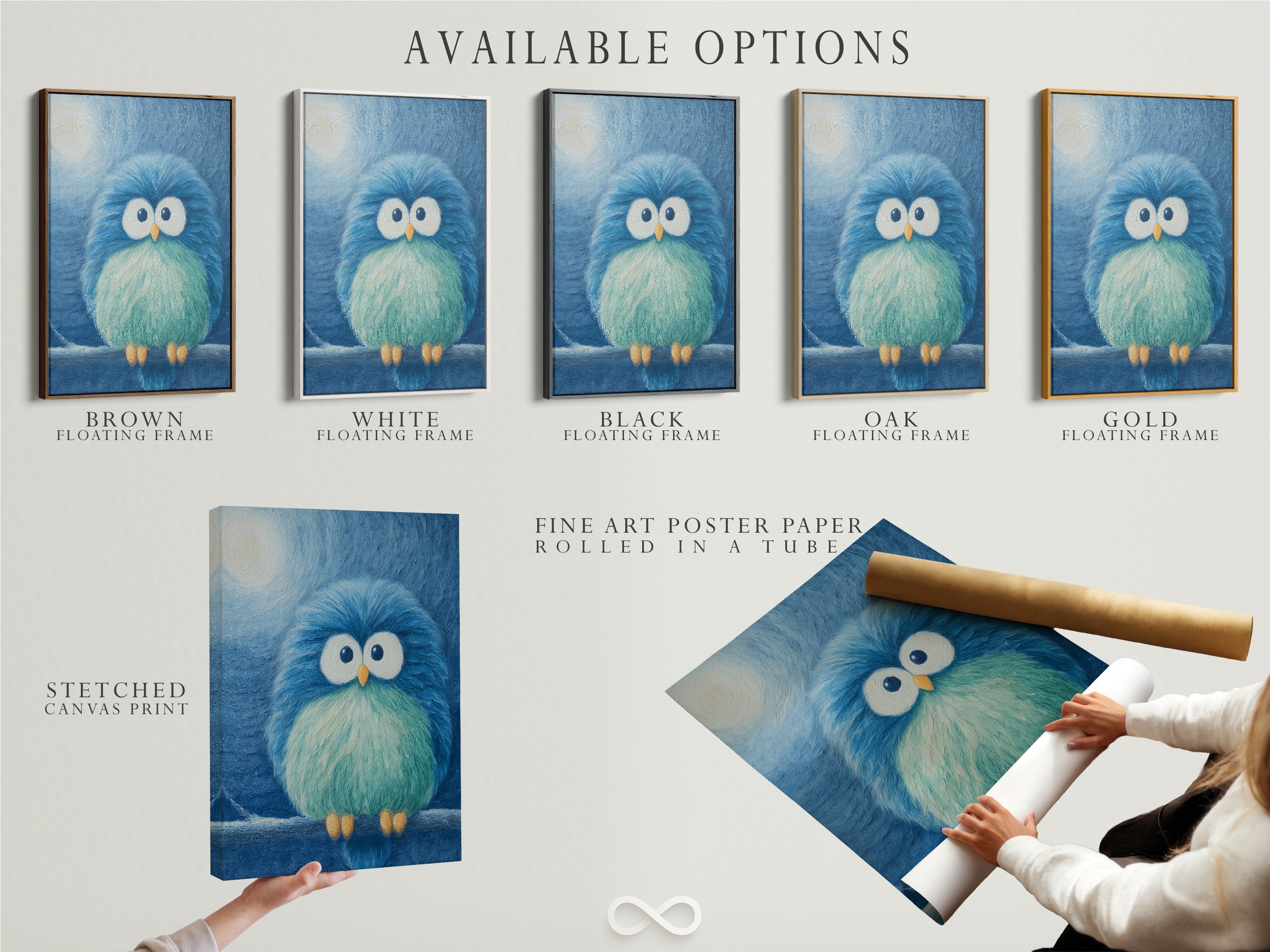 Available options for the blue bird artwork are showcased. Options include a stretched canvas print a fine art poster paper and a floating frame. Choose the perfect format to match your style and decor preferences. Each option highlights the charm and whimsy of this delightful piece of art.