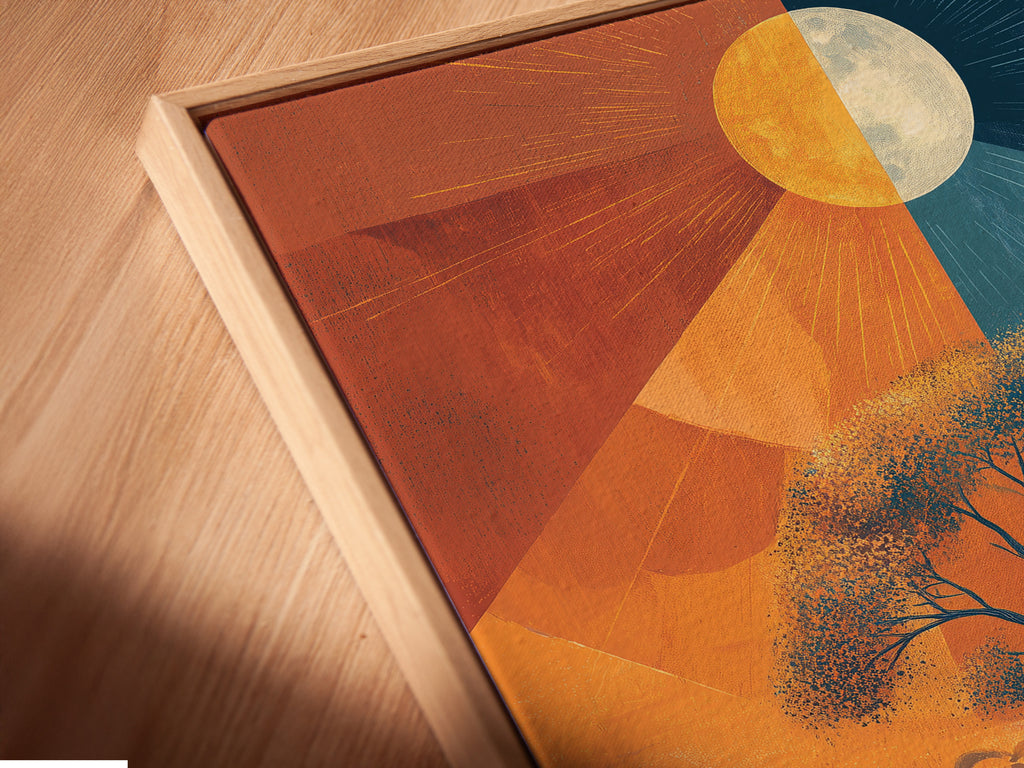 A close-up shows a canvas print in a floating frame. The surreal tree artwork features orange and blue tones. This modern landscape adds depth to any wall. It's perfect for creating a focal point in your home or office with its unique charm.