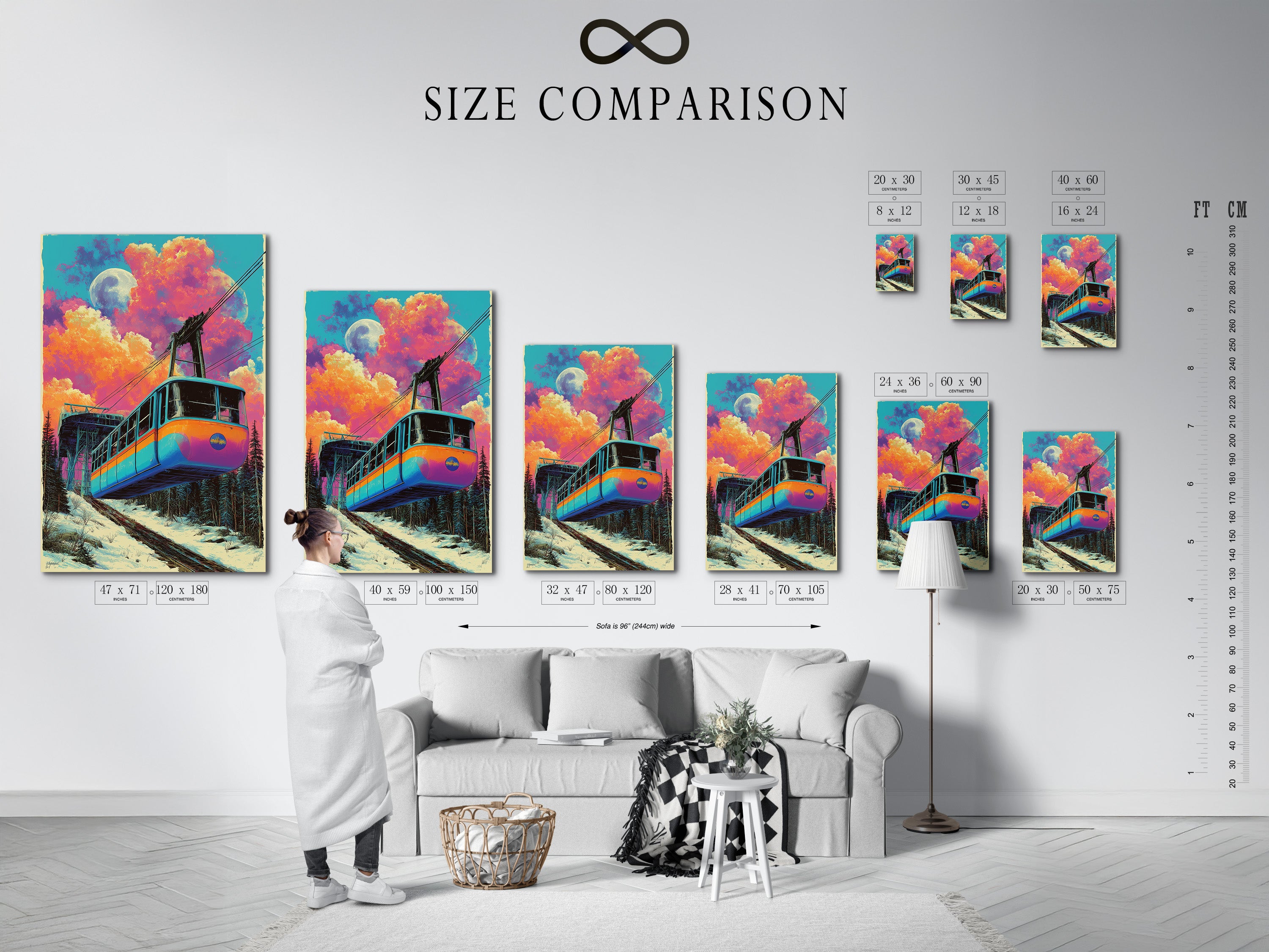 Size comparison chart for retro cable car artwork. The chart shows the artwork in an interior setting. Visualize how this vintage ski lift print fits. The mountain railway art is available in multiple sizes. Find the perfect fit for your space.