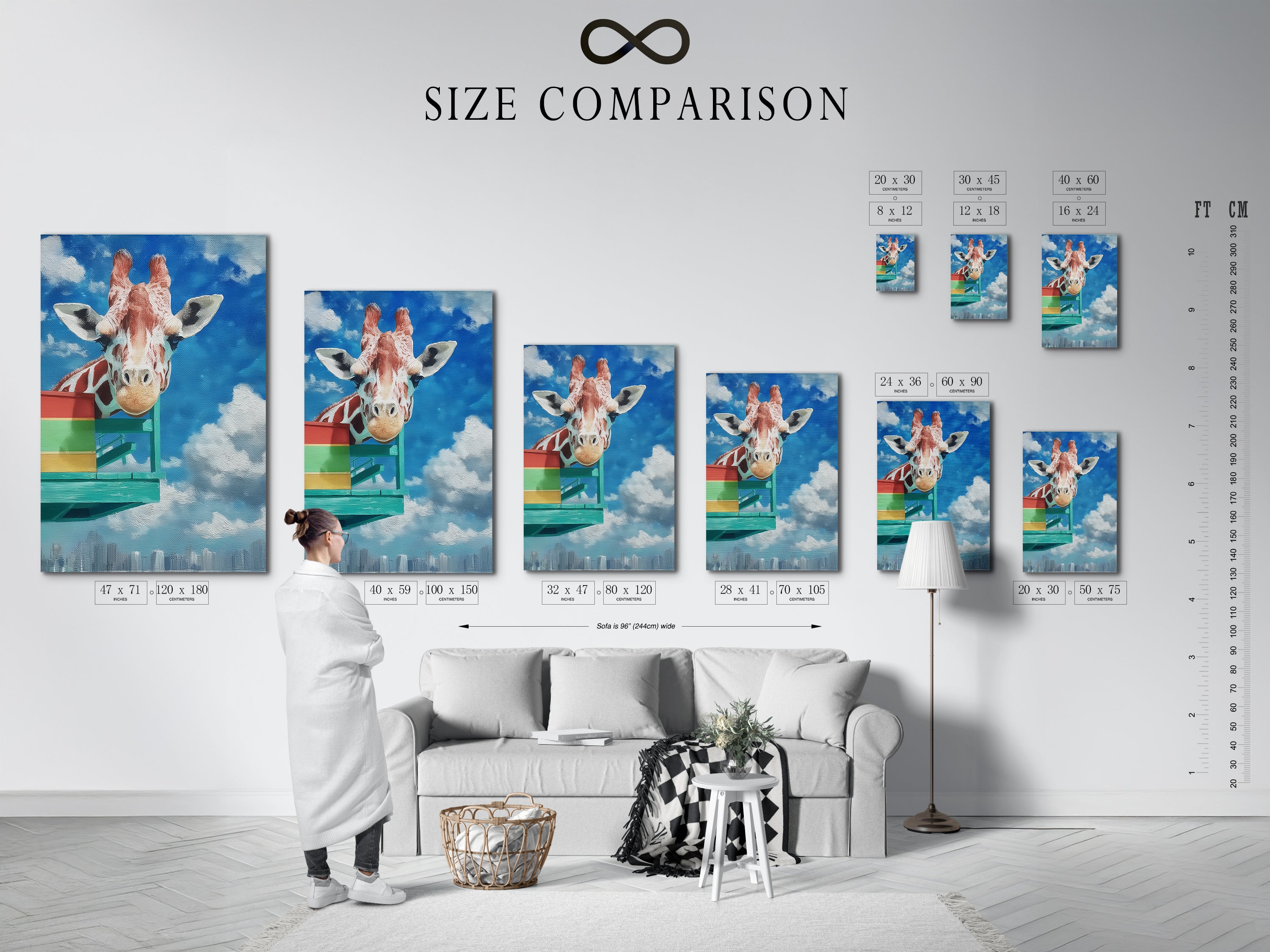 A size comparison chart is displayed in an interior setting showcasing the giraffe artwork. See how different sizes fit various spaces. This cityscape print and animal canvas art can transform any room. Choose the perfect size for your playroom or nursery wall decor. Find your ideal fit.